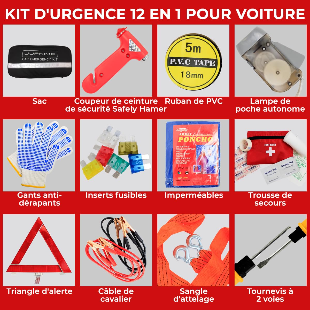 Lot de 12 Kit Securite Voiture avec Triangle de Signalisation Voiture et Kit Voiture Securite | Cadeau Jeune Permis | Outils D'urgence Automobile Van Caravane