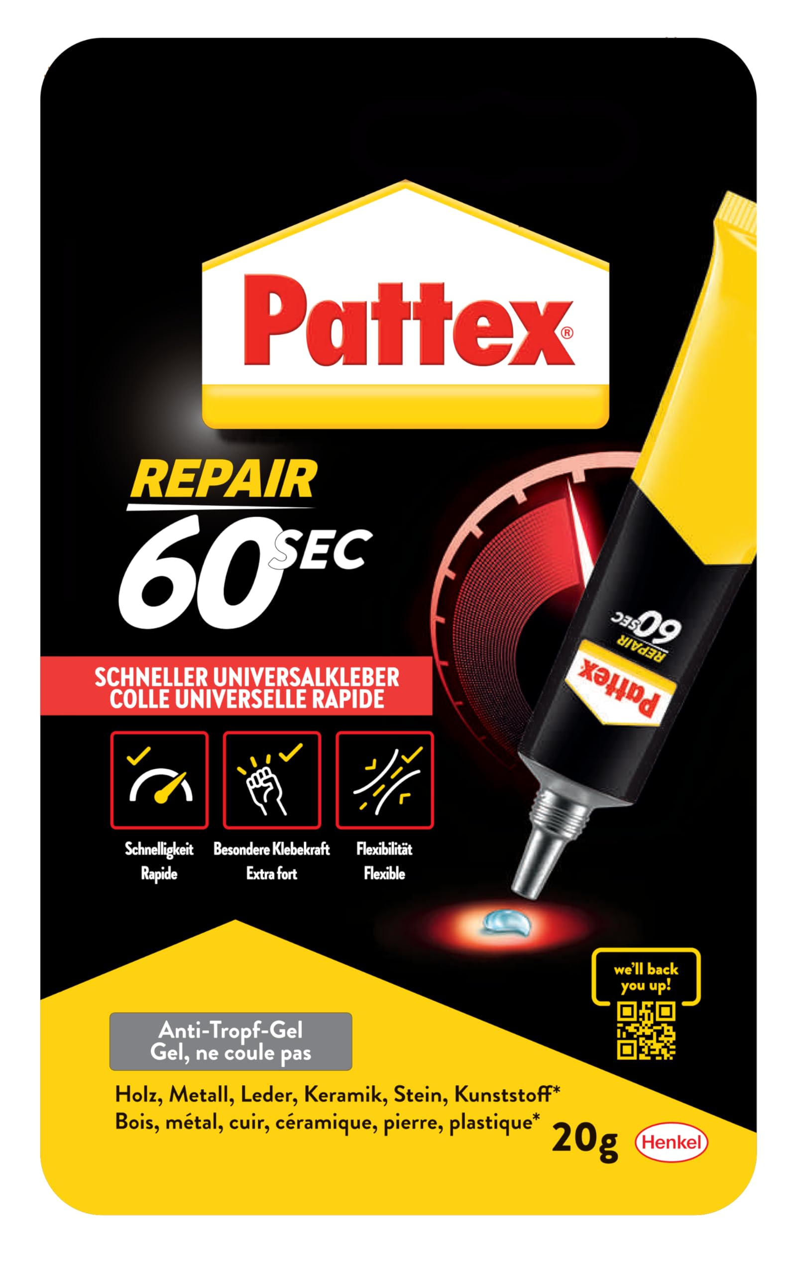 Pattex 60seg. Pegamento universal, tubo de 20 g Pegamento multiuso para reparaciones domésticas, pegado rápido en sólo 60 segundos, pegamento fuerte para muchos materiales