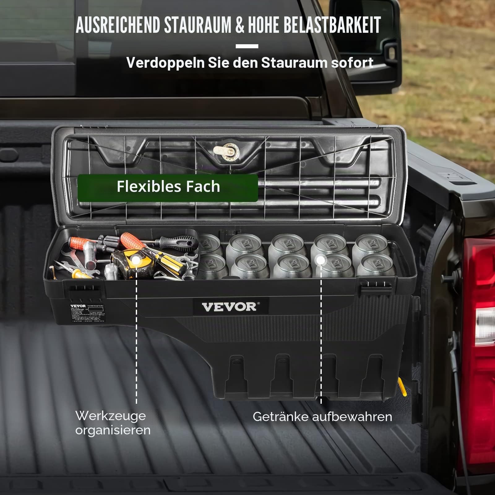 VEVOR Truck Bed Storage Box, abschließbarer Deckel, Wasserdicht ABS Radkasten Werkzeugkasten 25 L, Kompatibel mit Chevrolet Silverado 1500 GMC Sierra 1500 2019-2020, Beifahrerseite, Schwarz