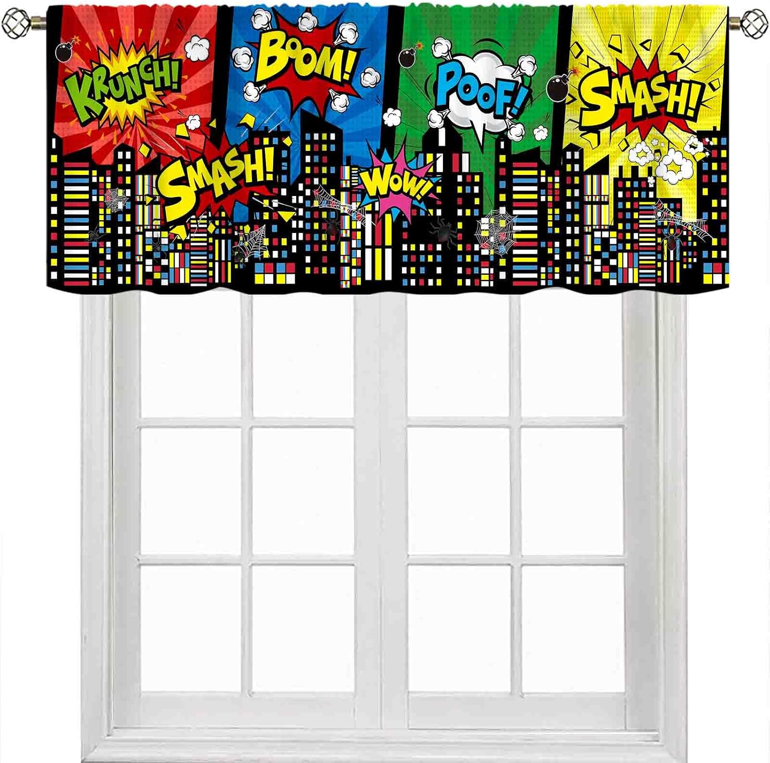 Superhero City Curtain Valance for Boys Kids Teens, Spider Web Cityscape Buildings Cartoon Comic Rod Pocket Small Valance for Nursery Kitchen Living Room Bedroom Bathroom Playroom, 54"x18" Inch