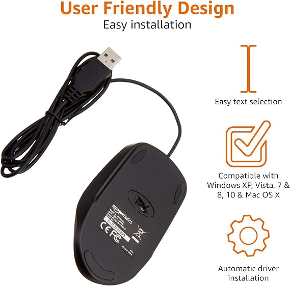 Amazon Basics 3-Button USB Wired Mouse (Black), 30-Pack