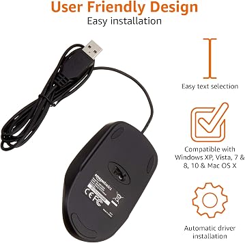 Amazon Basics 3-Button USB Wired Mouse (Black), 30-Pack