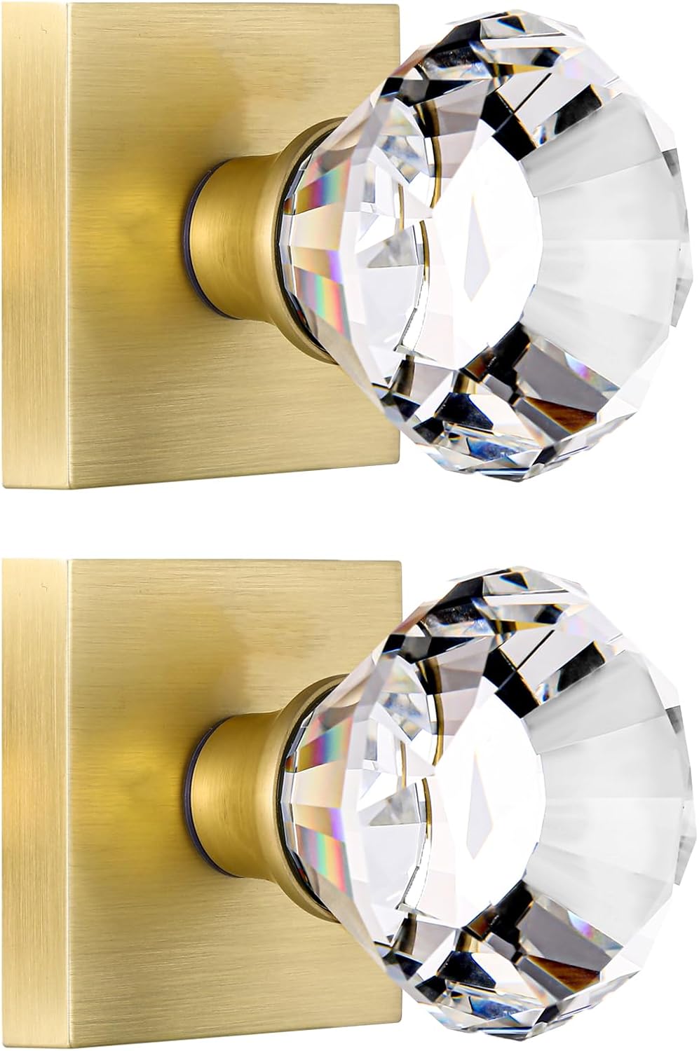 Satin Brass Gold Dummy Door Knob Door Handles, Clear Glass Crystal Inactive Diamond Square Hall and Closet Dummy Door Knobs Interior, 2 Pack