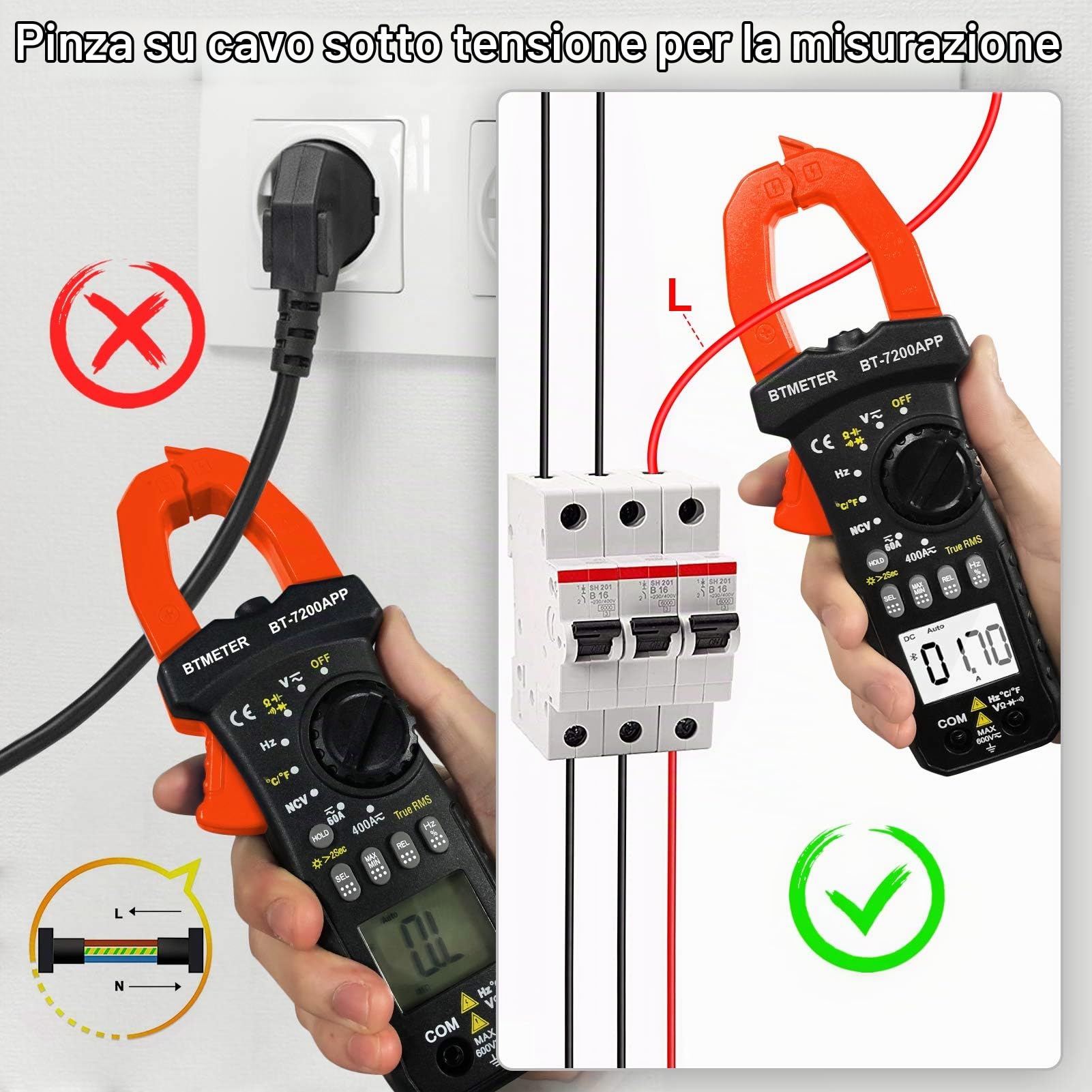 BTMETER BT-7200APP TRMS 6000 conteggi Multimetro a pinza, Amperometro a pinza digitale Bluetooth per corrente alternata/CC Tensione Resistenza Condensatore Frequenza Continuità Temperatura NCV