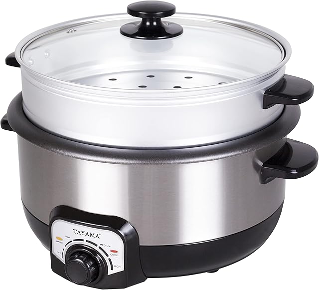 Tayama TMC-130SB 3 Qt. Electric Non-Stick Hot Pot Multi-Cooker with Steamer and Glass Lid, Stainless Steel, Black