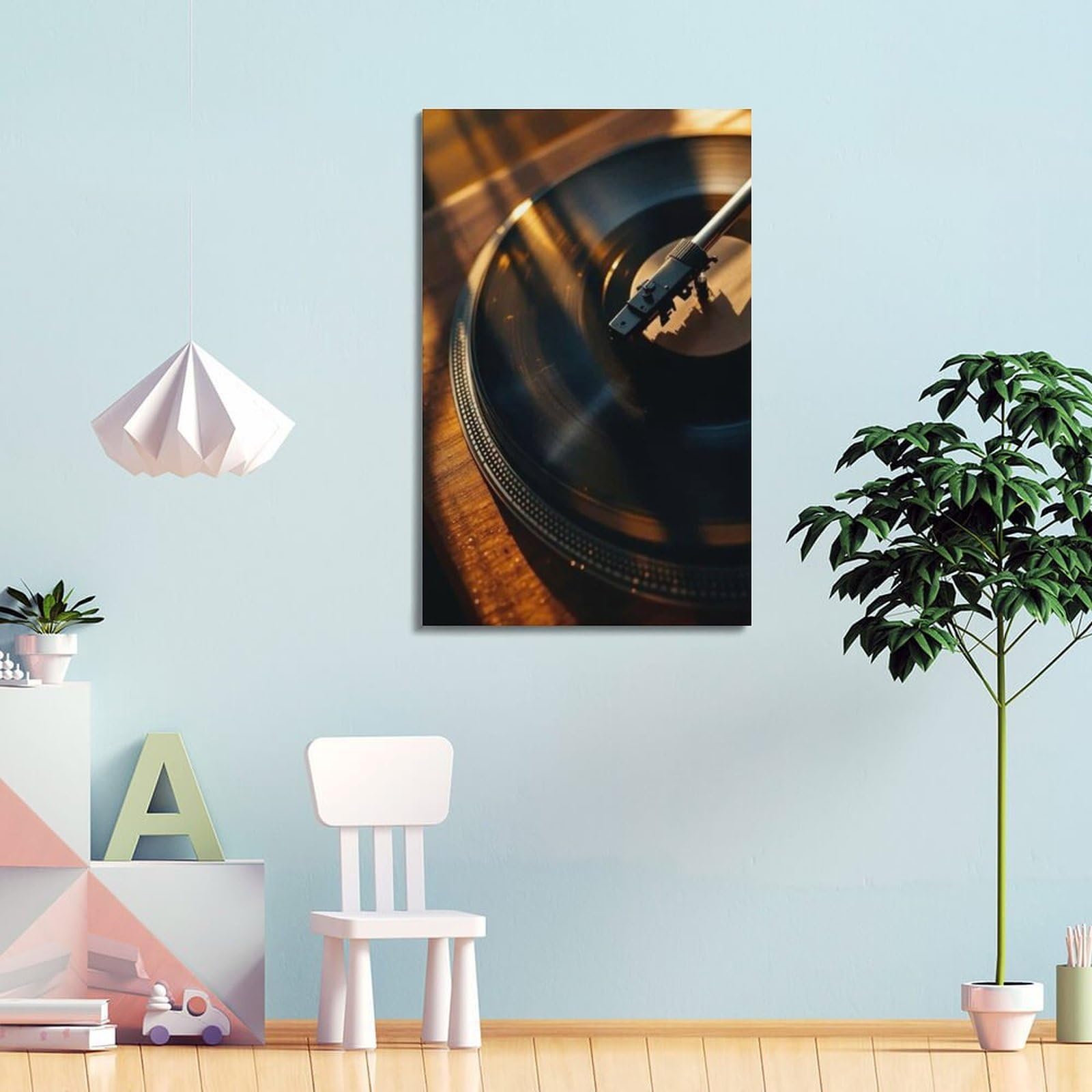 Gramofon z płytą winylową w ciepłym świetle sztuka ścienna, retro muzyka dekoracja do domu i salonu plakat dekoracyjny obraz płótno plakaty ścienne i obraz artystyczny druk nowoczesny rodzinny