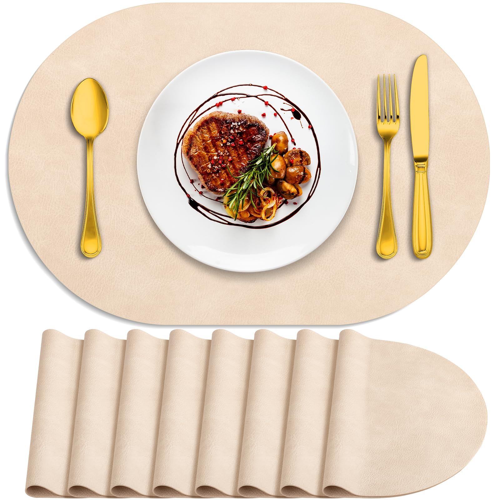 ADRIMER Placemats, Heat Resistant Oval Placemats Set of 8 Washable 12 x 17 Inch, Waterproof Table Mats, Wipeable Pu Place Mats for Kitchen, Dining