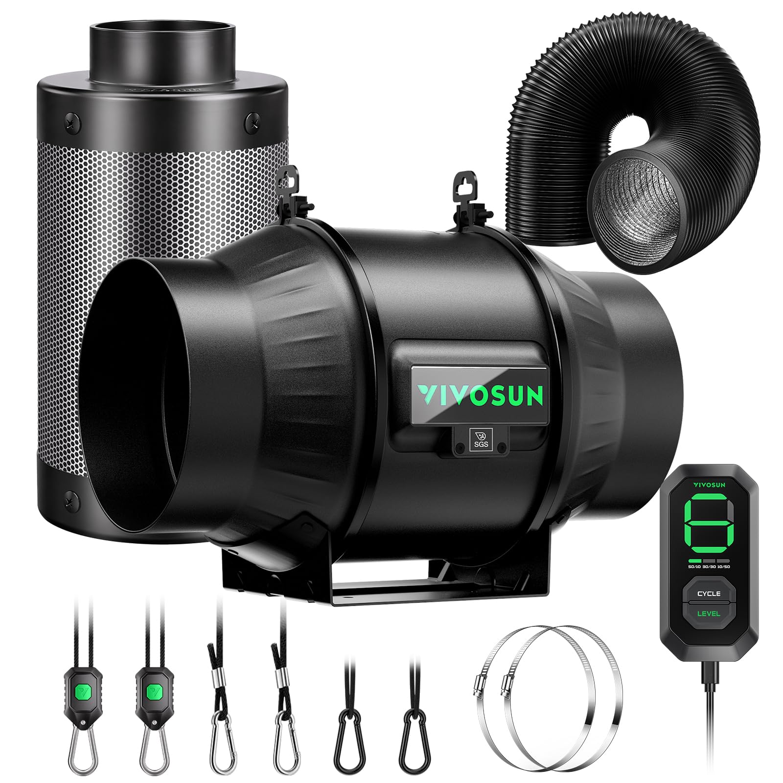 VIVOSUN Duct Fan 6inch/150 mm Extractor Fan 693 m³/h with E12 Speed Control Carbon Filter & 240 cm Air Duct AeroZesh T6 Exhaust Set Cooling and Ventilation System for Grow Tent