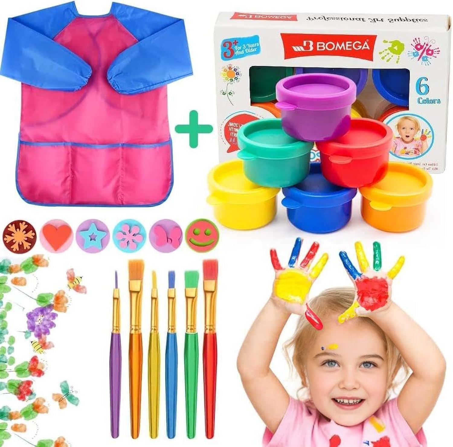 BIQIQI Finger Paints Kids Washable Paint Set,30 ml Finger Paints with Kids Painting Apron Paint Brush,Easy Clean & Non Toxic and Baby Safe,Children Paint Set Drawing Toys Painting Tool for School Home