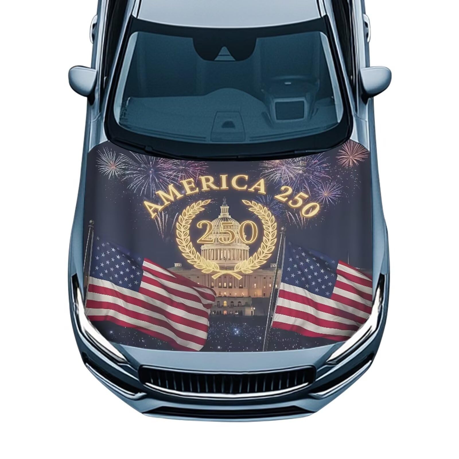 American Flag 250 Years Car Hood Cover 4th of July Car Front Hood Cover Stretchable Car Bonnet Banner Automobile Accessories Universal Fit for Most Cars Sedans Decoration