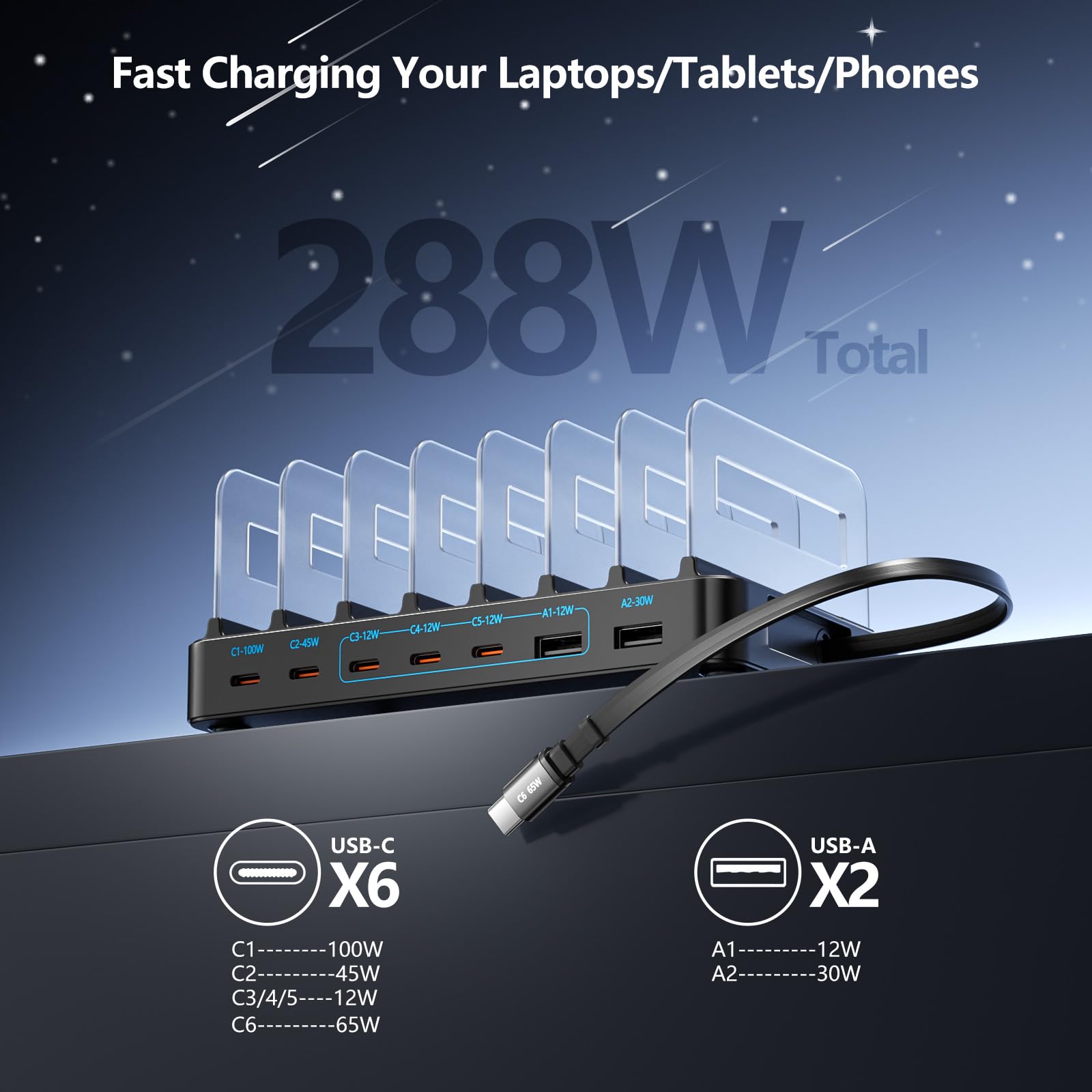 Stazione di ricarica USB da 288W per più dispositivi, GaN PD 100W, 8 Porte USB-C, con divisori regolabili e 8 cavi, per iPhone, iPad, Samsung, MacBook Pro/Air, Tablet