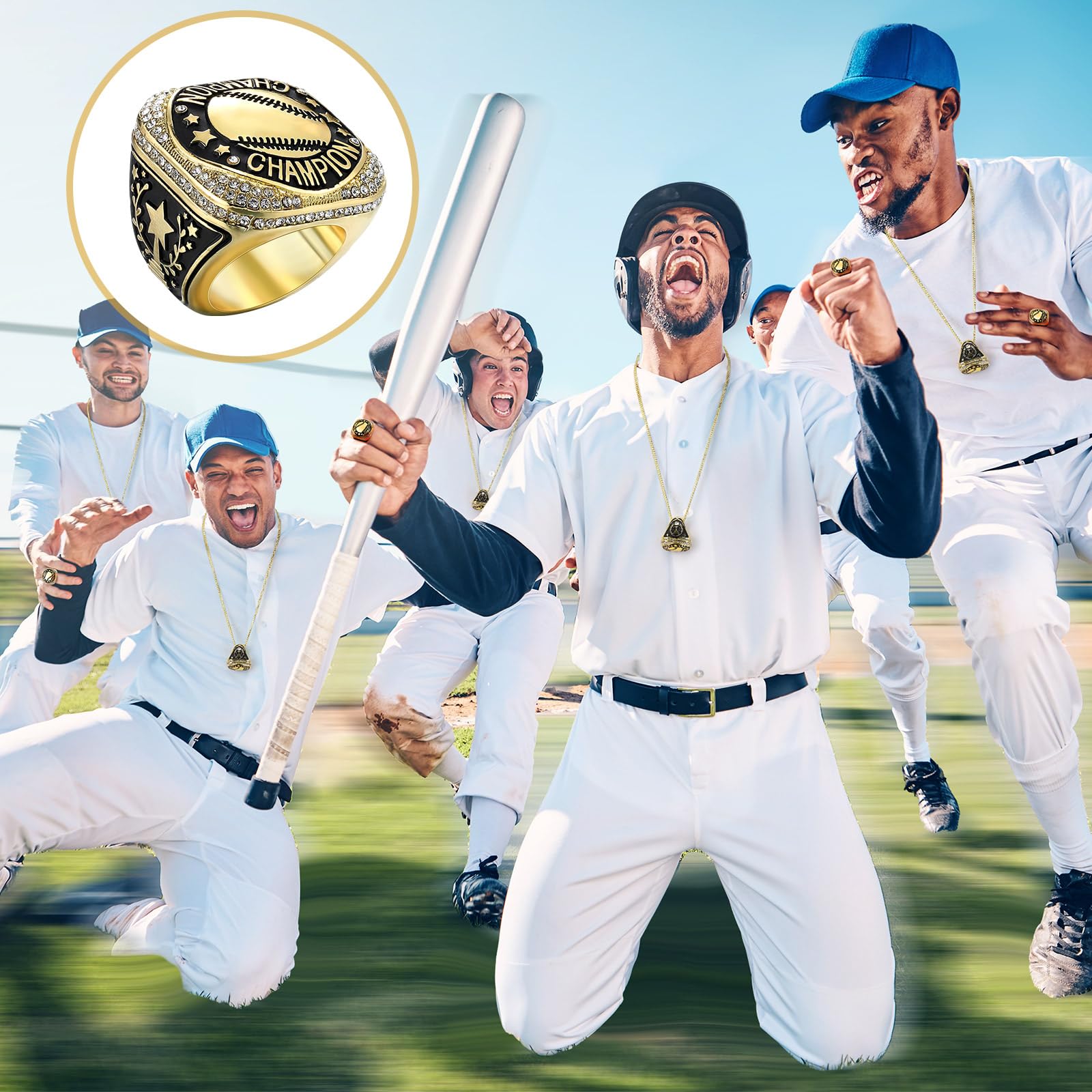 Highergo Fußball-, Basketball-, Softball-Meisterschaftsringe mit Display-Hals-Kette und Ständer, für Baseball, Volleyball, Fußball, Cheer, Trophäe, für Turnierauszeichnung, Geschenk, 20 Stück