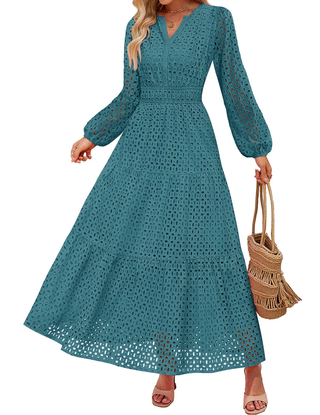 ZESICA Women's 2026 Spring Long Sleeve Maxi Dress V Neck Hollow Out Eyelet A Line Long Flowy Casual Party Dress