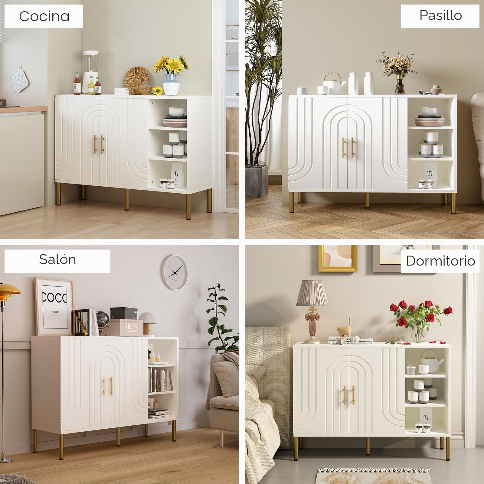 Aparador versátil con Textura Curva, Mueble de almacenaje de Madera con 2 Puertas y 3 estantes, Buffet con Almacenamiento, para salón, Cocina y Pasillo, Color Crema, 110 x 35 x 82 cm