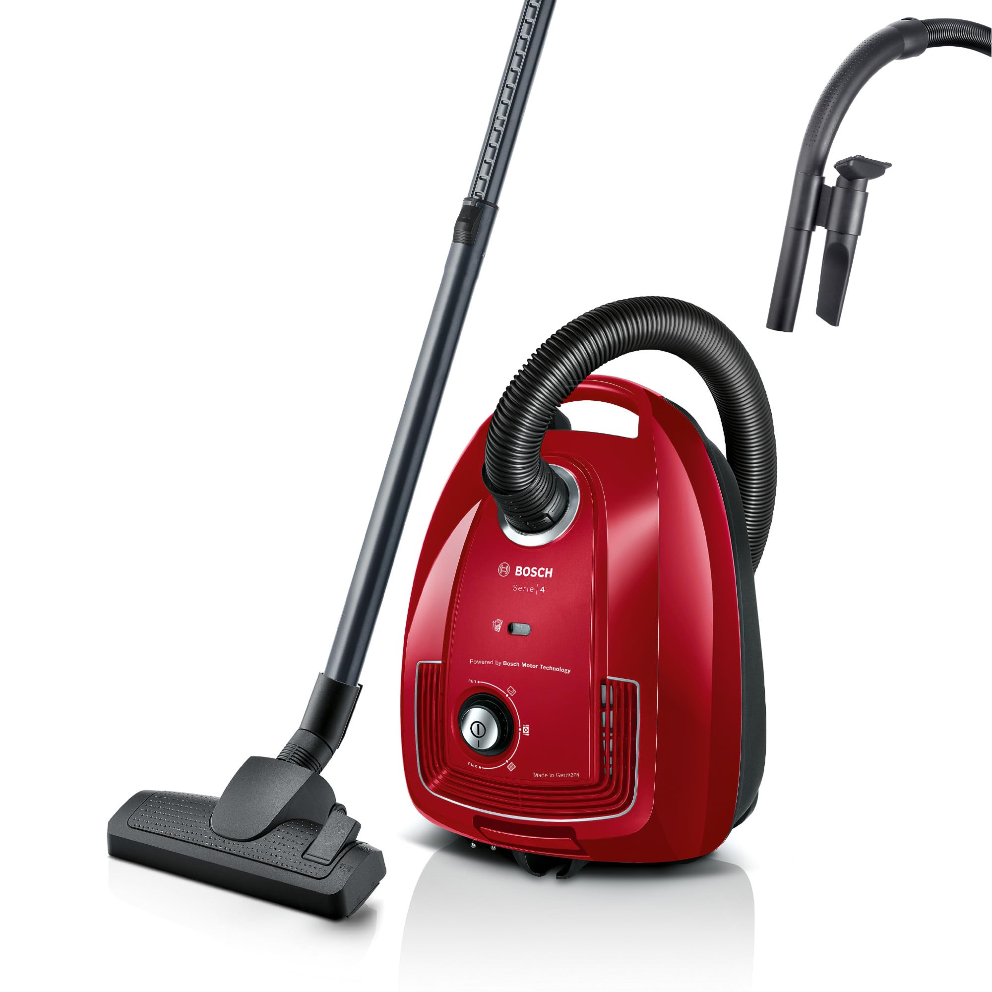 Bosch Serie 4, odkurzacz workowy, kompaktowy, lekki, worek na kurz XL 4 l, promień działania 10 m, higieniczny filtr PureAir, niemiecka jakość, BGB38RD2, czerwony