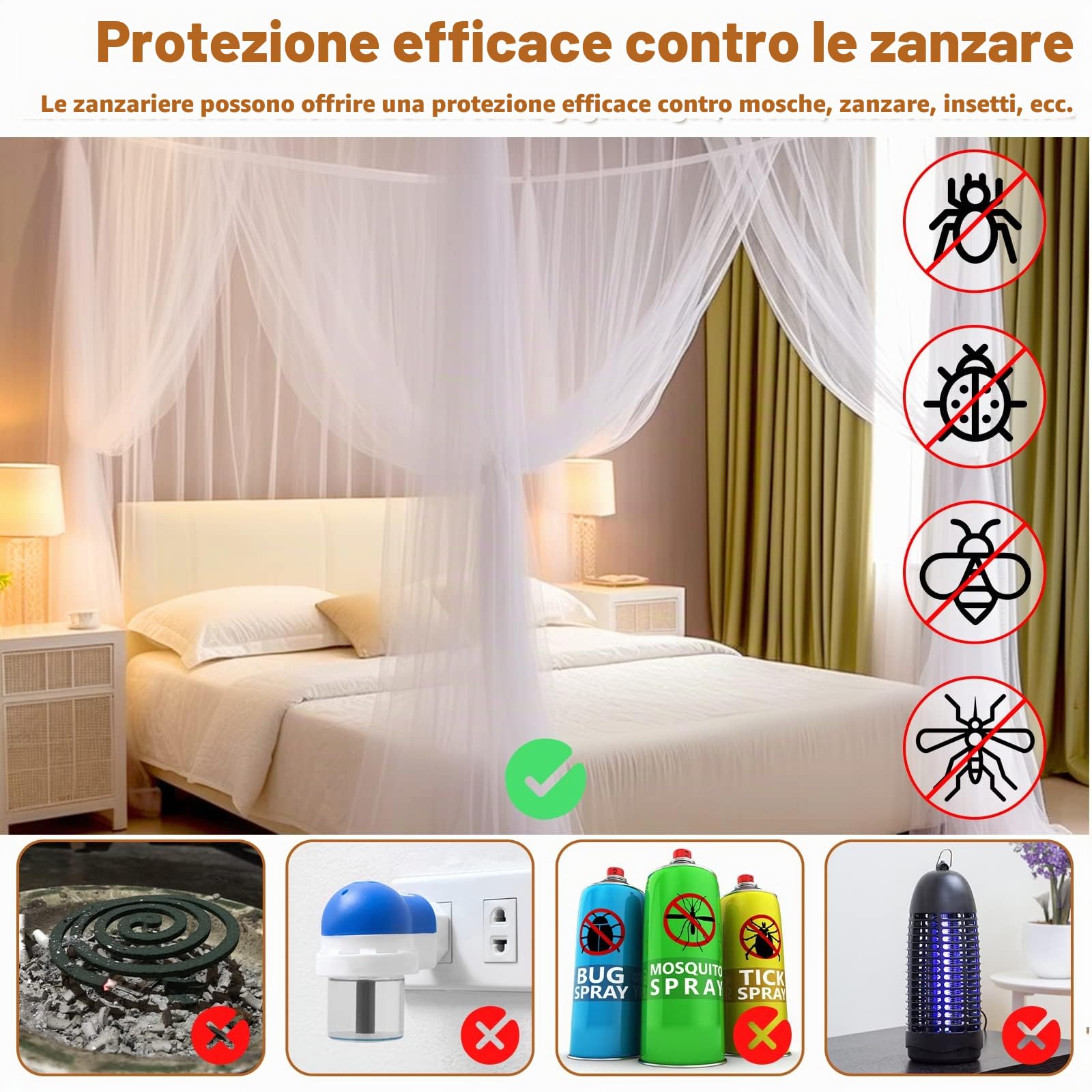 Zanzariera Letto Matrimoniale e Singolo - 1.9 m x 2.1 m x 2.4 m Zanzariere per Letto Matrimoniale e Singolo Letto Zanzariere Zanzara Zanzariera Viaggio Casa Adatto per Interno ed Esterno