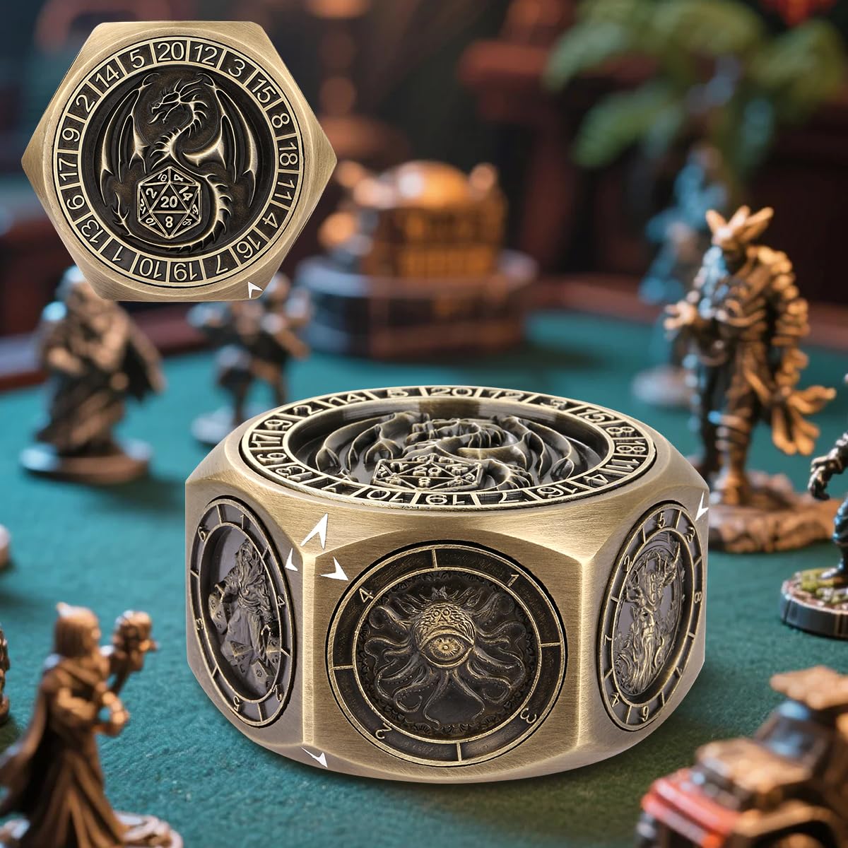 Set de Dés Rotatifs DND, 7-en-1 Métal Dés Spinner, Design Relief 3D Hexagone-8 Côtés, Dés Polyédriques Rotatifs pour Jeux de Rôle, Cadeaux D&D avec Boîte Cadeau, Accessoires de Jeux de Société, Bronze