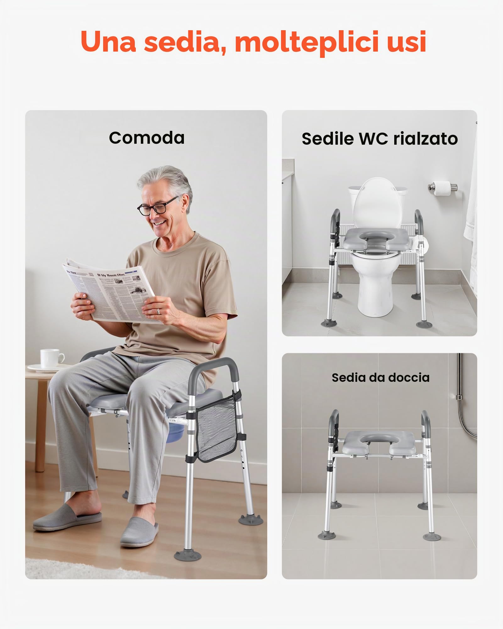 VEVOR Sedia Comoda da Comodino, Capacità 227 kg, WC Sedile Rialzato con Seduta Imbottita e Braccioli, Secchio Staccabile 5 L, Altezza e Larghezza Regolabili Sedia da Vasino per Anziani