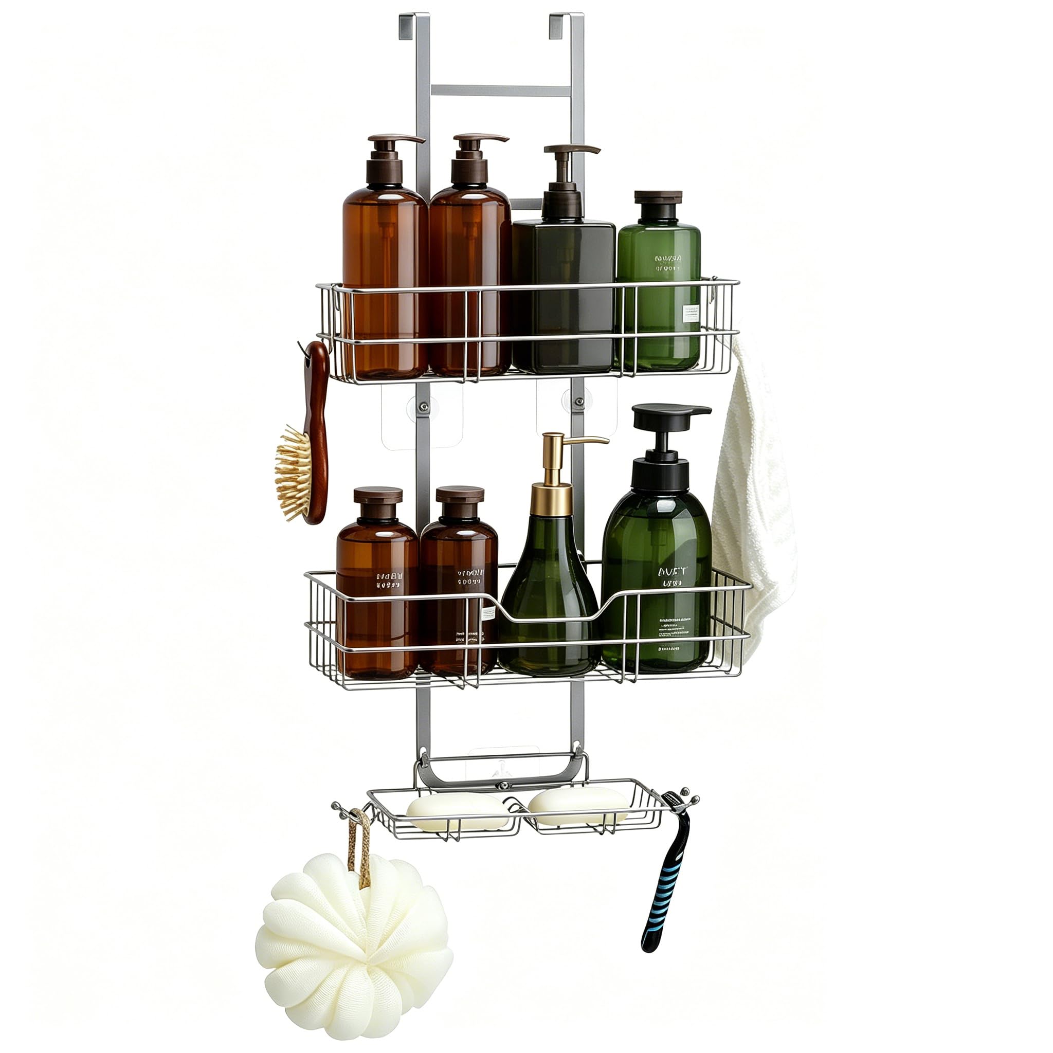 KANEODOT Shower Caddy Hanging, Over The Door Shower Storage, 2 Tier No Drilling Shower Shelf with Soap Holder for Bathroom Kitchen Silver
