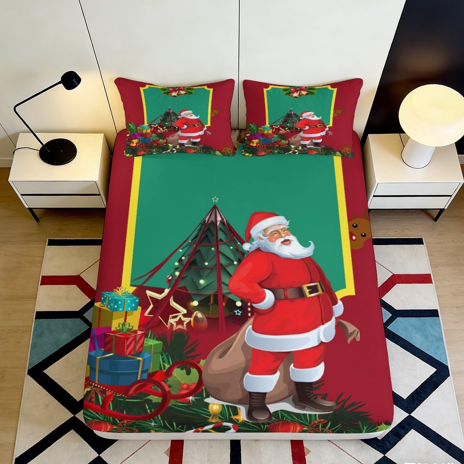 3D Printed Christmas Santa Claus Fitted Sheet Microfiber Red Green Christmas Tree Mattress Cover Anti-Slip Easy Care for Bedroom Guest Room 90x200x25cm