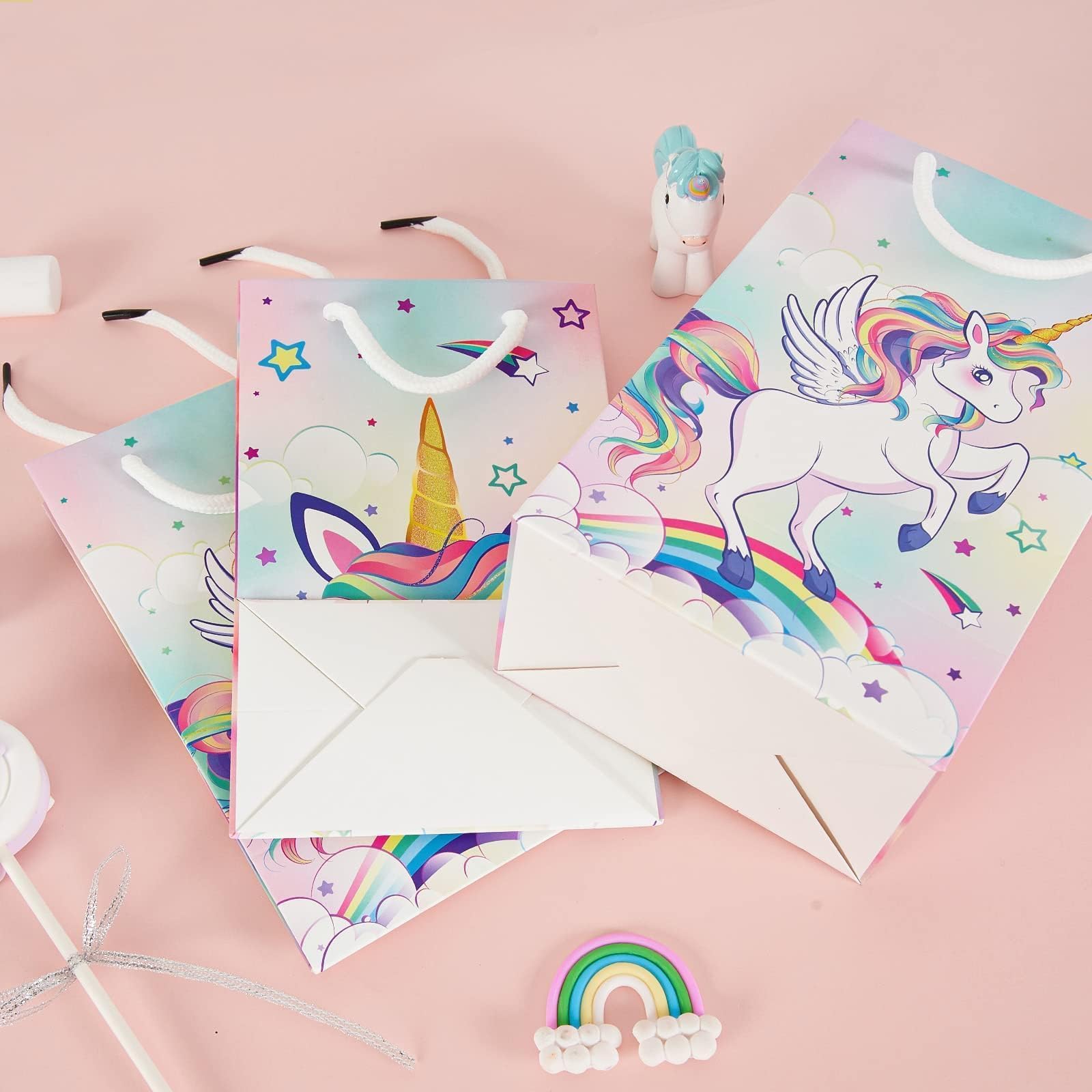WERNNSAI 16PCS Unicorn Gift Bags - Rainbow Unicorn Party Supplies Goodie Bags for Girls Kids Birthday Unicorns Party Favor Bag with Handles Candy Treat Bag for Baby Shower Supplies
