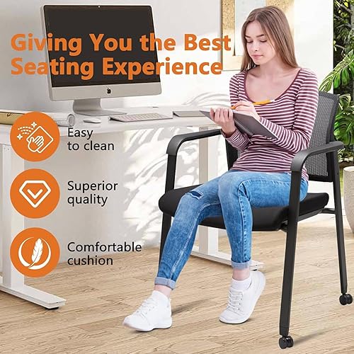 Miniatura 50 de CLATINA Silla de sala de espera negra con ruedas y respaldo de malla apilable con asiento de tela tapizado y soporte lumbar ergonómico para oficina