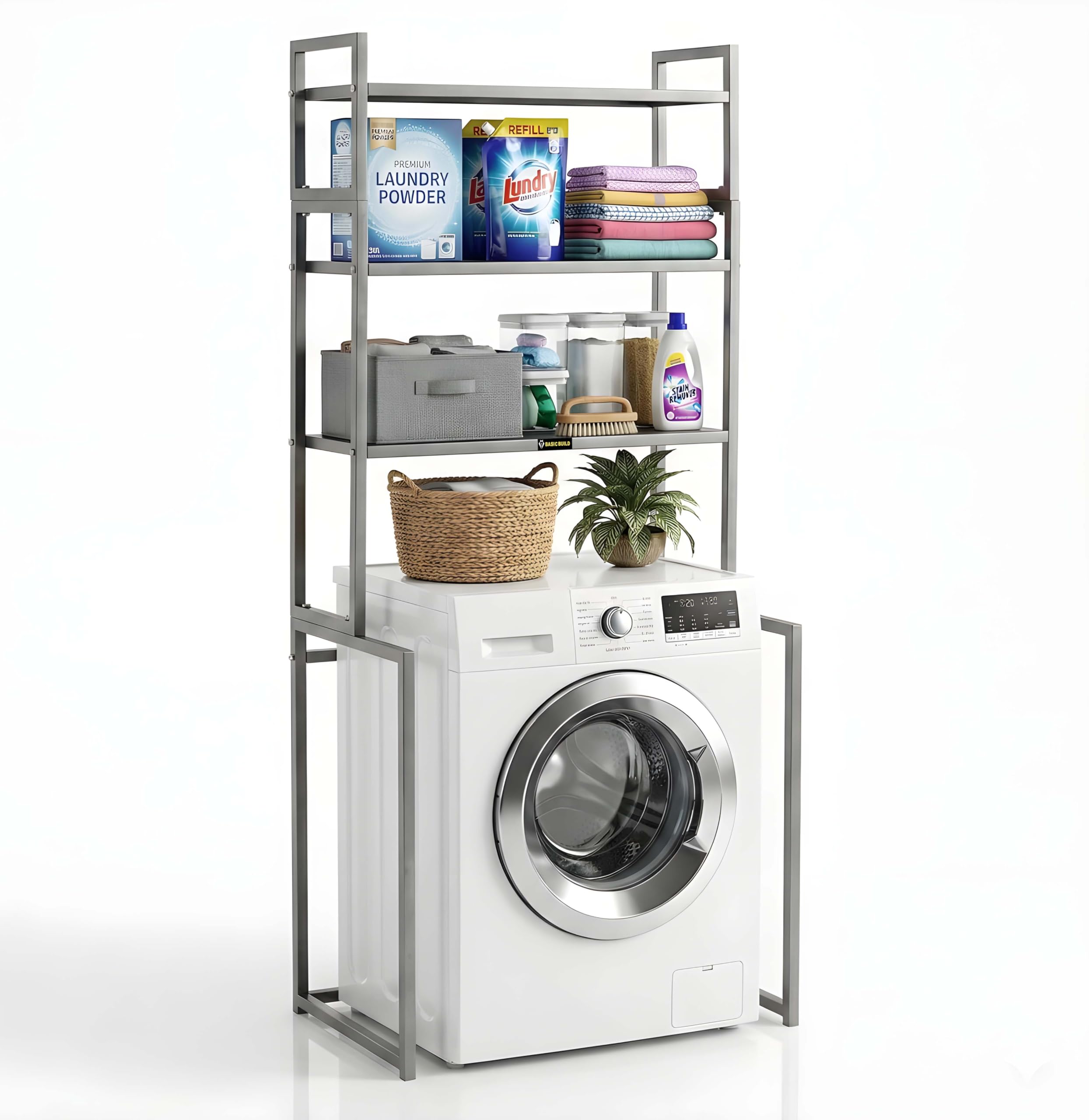 Metal Washing Machine Stand with Storage Shelves | Heavy-Duty Over-Washer Rack for Laundry & Bathroom – Silver-image-7