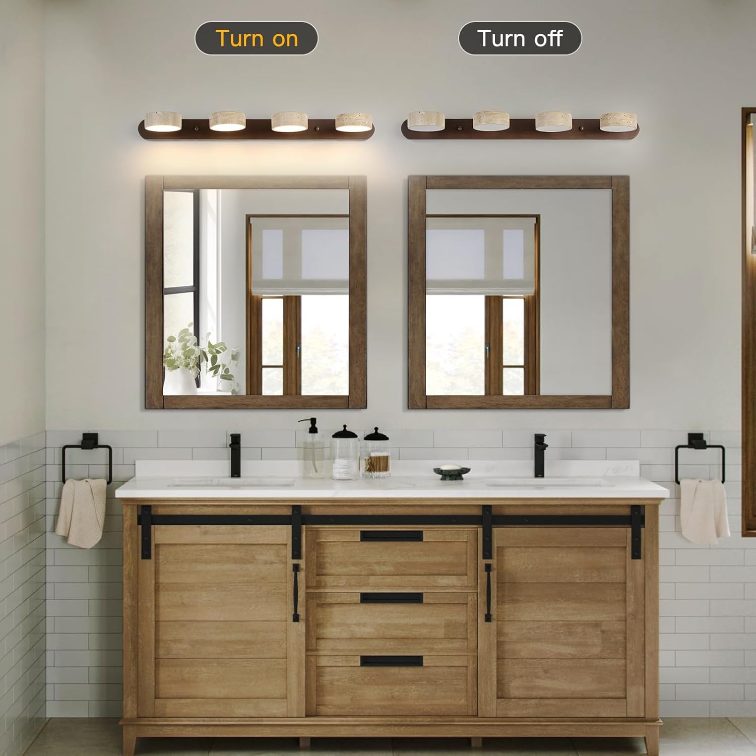 Wood Farmhouse Bathroom Vanity Light,Natural Stone Travertines Walnut Wall Lamp 4 Lights Travertine Shade Wabi Sabi Lamp, Linear Bathroom Vanity Lighting Rotatable 40W LED Wall Fixture Over Mirror