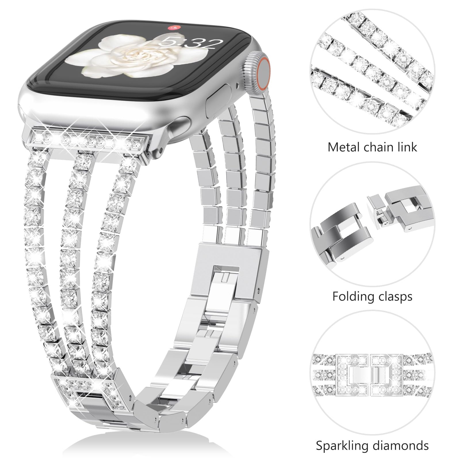 CHANCHY 42mm(series 11 10) 41mm 40mm 38mm Compatible with Apple Watch Strap for Women,Bling Strap Sparkling Crystal Bracelet Replacement Band for iWatch SE 3 2 1,Series 11 10 9 8 7 6 5 4 3 2 1,Silver - Image 2