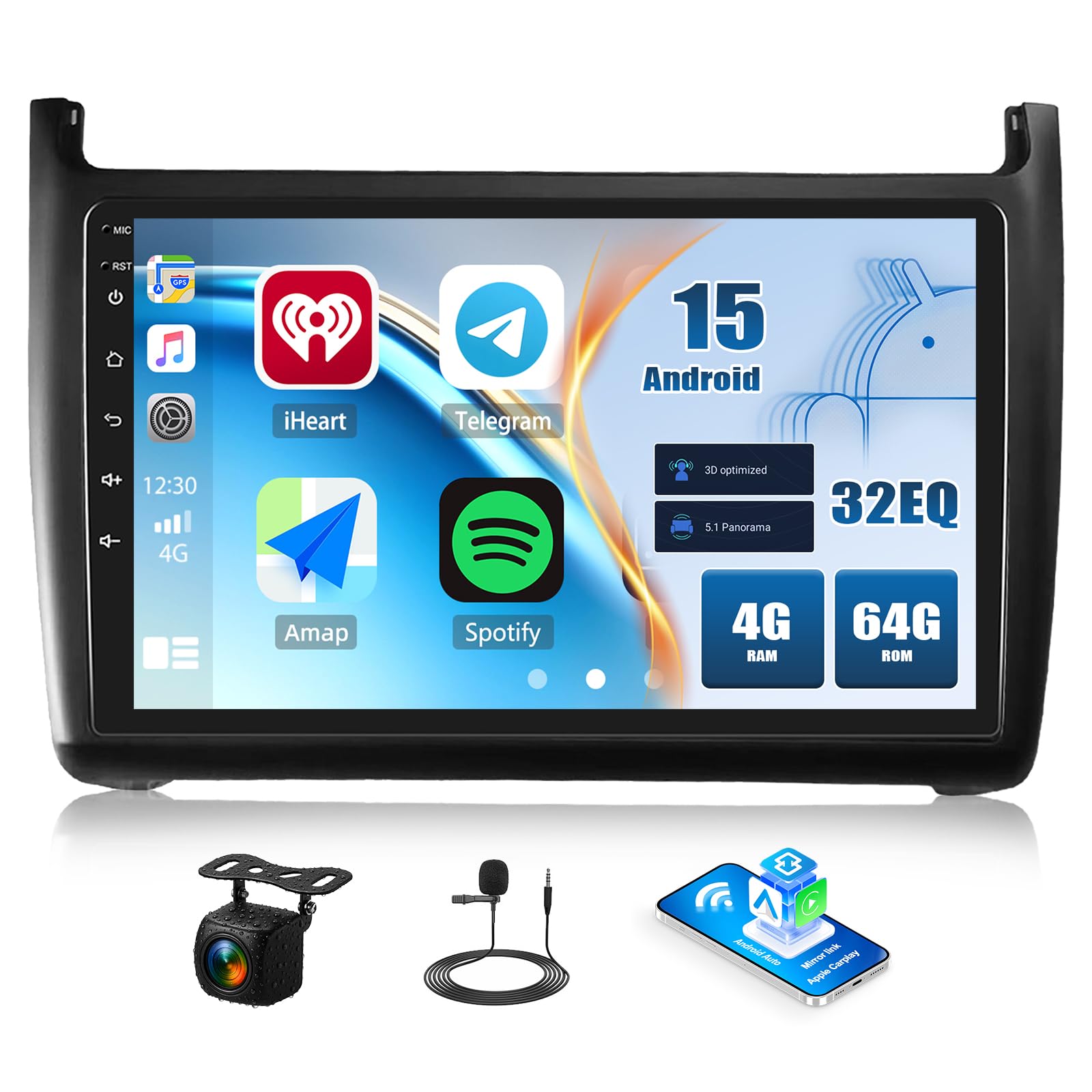 4+64G Android 15 CAMECHO 9 Zoll Autoradio für VW Polo 6R 6C 9N 2008-2016 mit Wireless Carplay Android Auto, GPS Navi Radio Touchscreen HD mit Bluetooth WiFi RDS FM +Rückfahrkamera