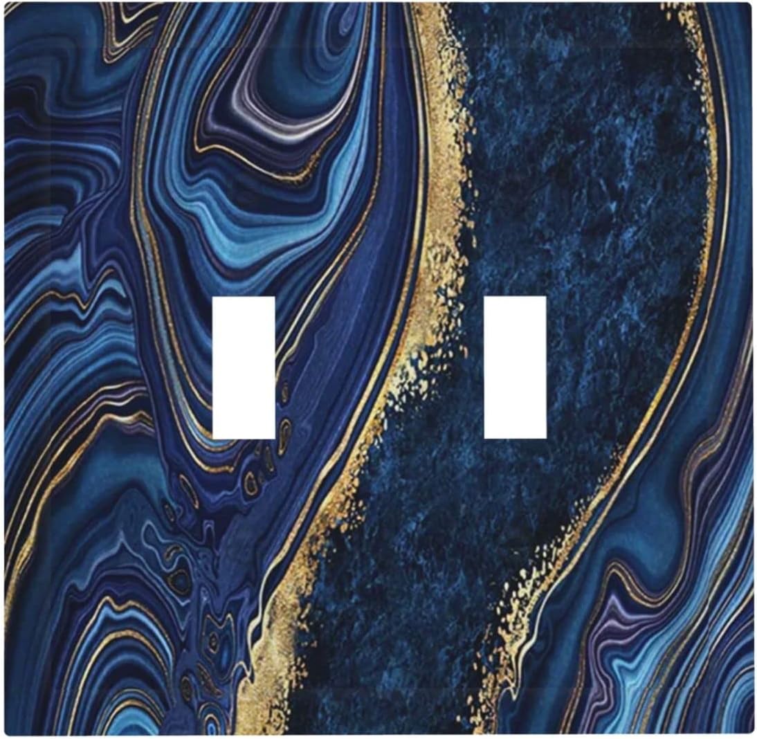 Luxury Marble Navy Blue 2 Gang Double Toggle Light Switch Cover Decorative Wall Plate Faceplate For Boys Men Modern Art Agate Stone Watercolor Gold Line Bathroom Home Living Room Decor 5" x 4.9