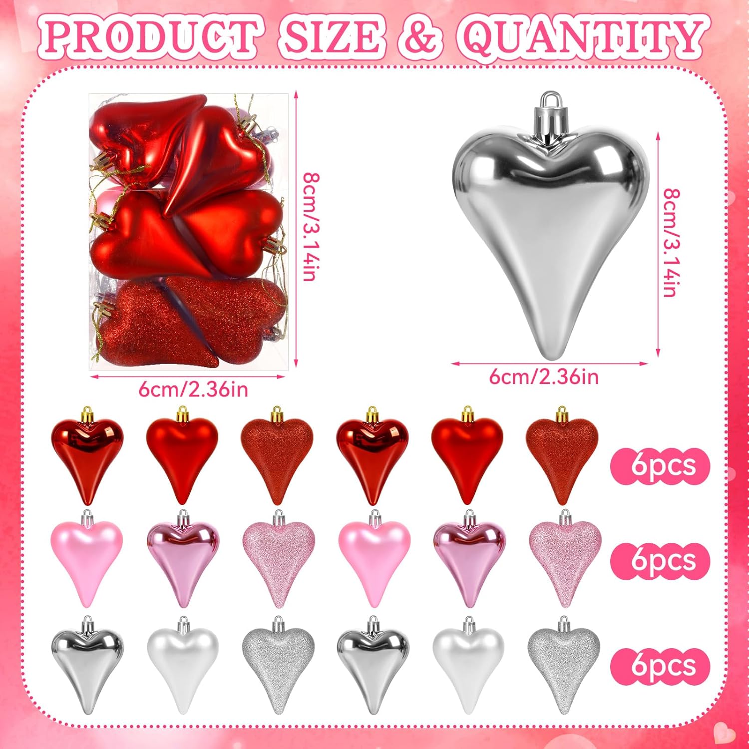 18 Pcs Valentines Tree Heart Ornaments Red Pink Silver Heart Shaped Valentines Tree Decorations 3 Style 3.2" Valentine Ornaments for Christmas Tree Anniversary,Wedding,Party Decoration - Image 2