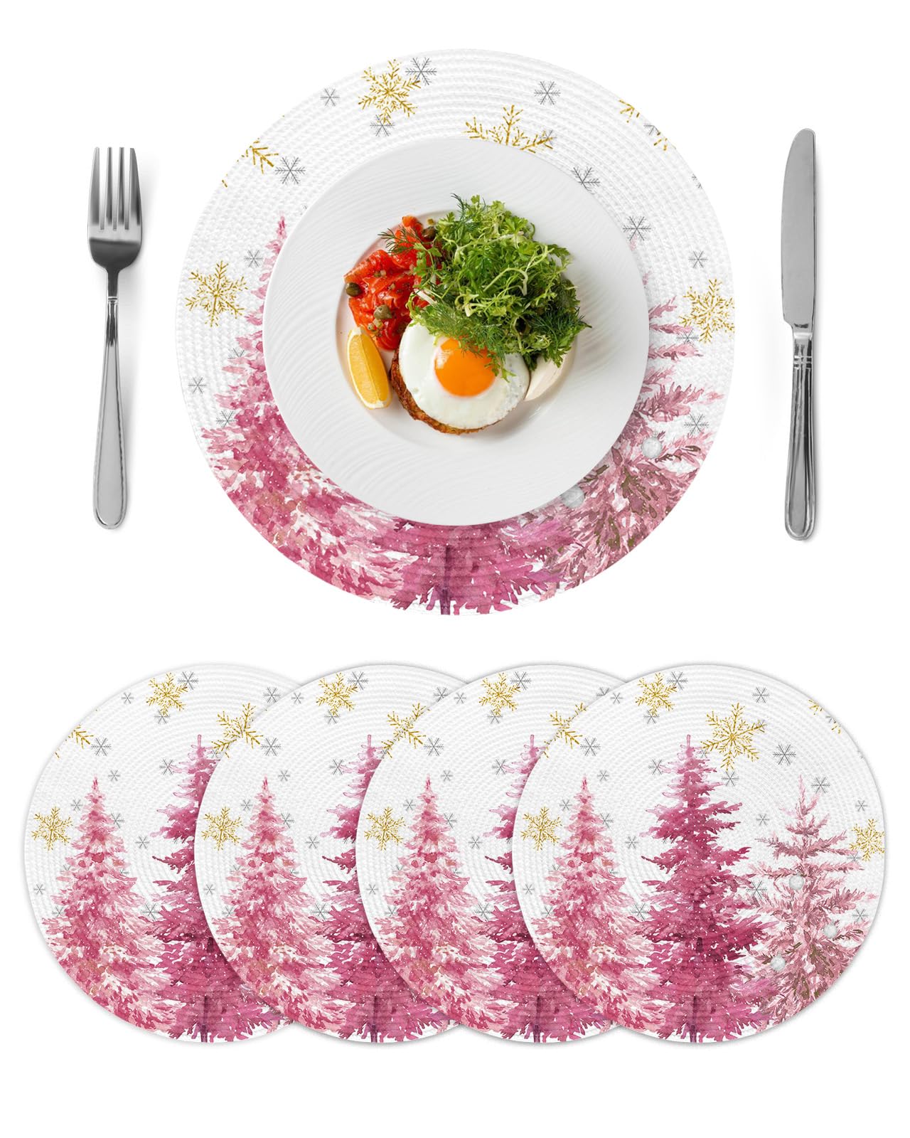 Christmas Round Placemats Pink Pine Tree 15 inch Placemats for Dining Tables Gold Snowflake Round Table Mats for Kitchen Decoration Set of 4