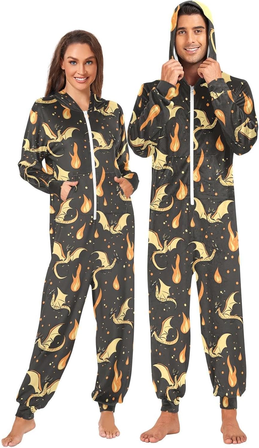 ZZKKO Yellow Fire Dragon Adult Onesie Pajamas for Women Men Cozy One Piece Pajamas Costume Zip-Up Hooded S-XL