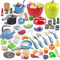 Vista 16 de Juego de cocina de 80 piezas, cocina para niños pequeños con ollas, sartenes, utensilios de cocina, alimentos, manta de picnic, frutas, verduras