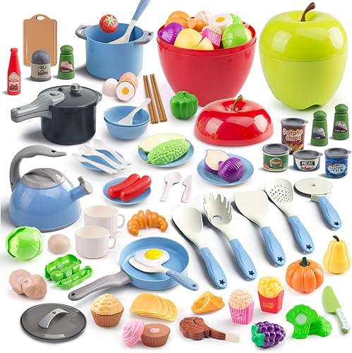 Vista 16 de 80 piezas de juego de cocina, juego de cocina de imitación para niños pequeños con ollas, sartenes, utensilios de cocina, alimentos, manta de Azul