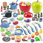 100Pcs Kitchen Playset, Kids Pretend Cooking Play Pots, Pans, Utensils, Cookware, Toy Food Fruits Veggies, with 2 Large Apple - Shaped Storage, Toddler Cooking Learning Gift (Blue