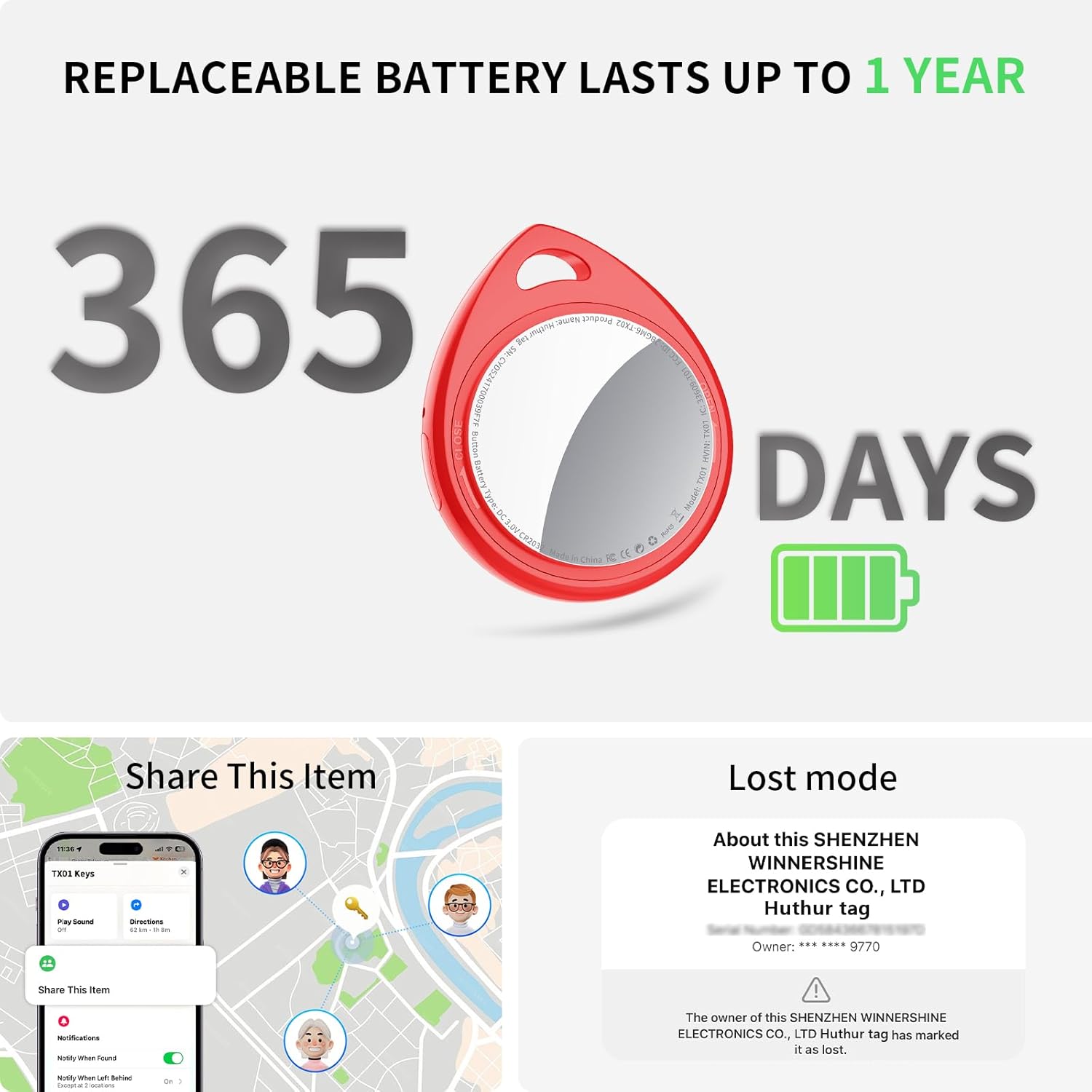 Phone screen showing the 'Lost Mode' activation process and options to share contact information.