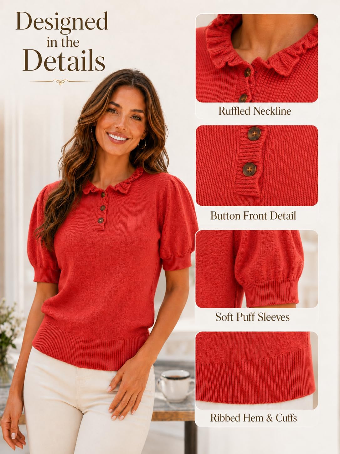 Short Sleeve Sweater for Women Ruffle Crewneck Puff Sleeve Trendy Pullover Knit Tops 2026 Lightweight
