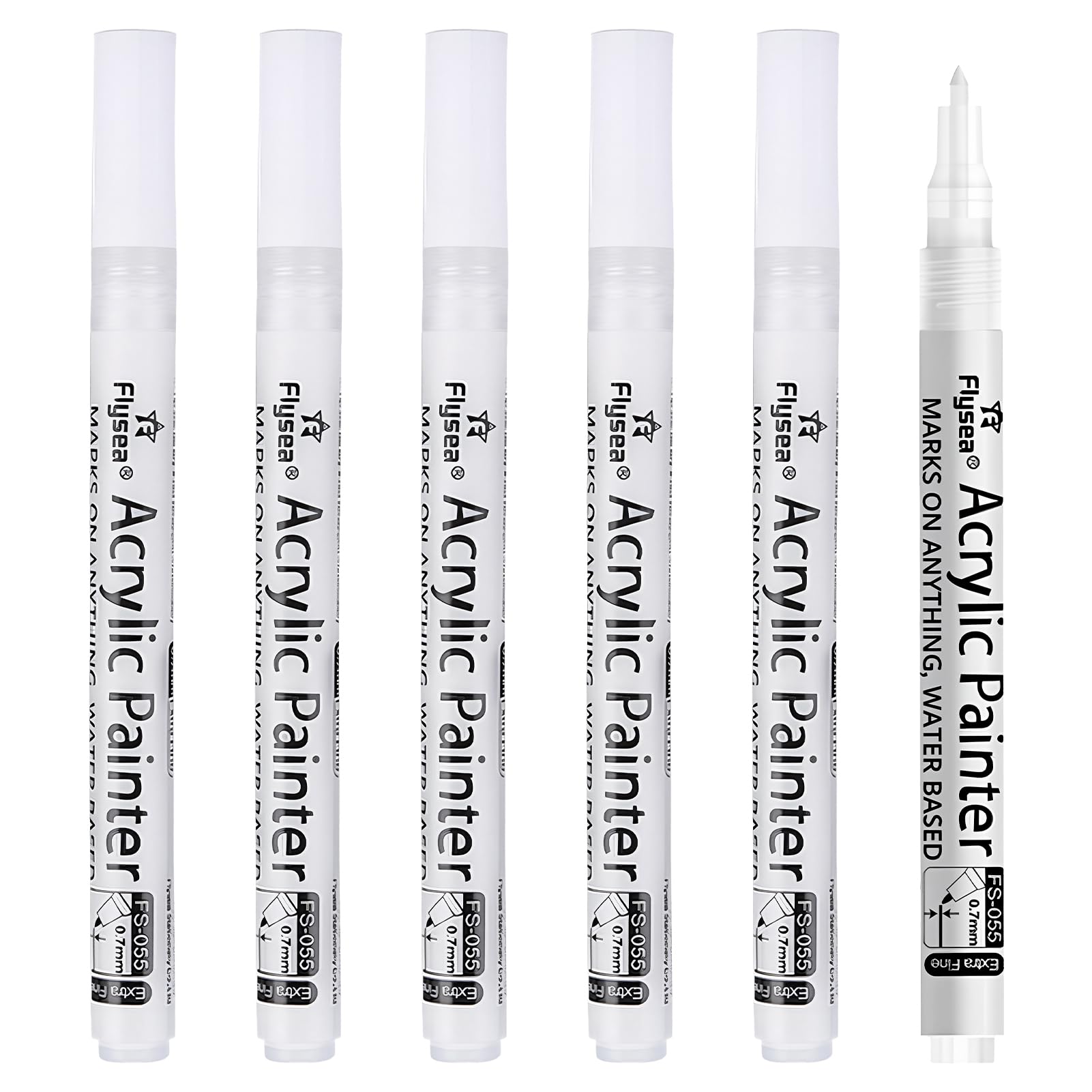 Lote de 6 rotuladores acrílicos blancos de secado rápido, punta de 0,7 mm, color blanco, punta fina, se pueden utilizar en diferentes superficies como papel madera, cáscaras de huevo, tela