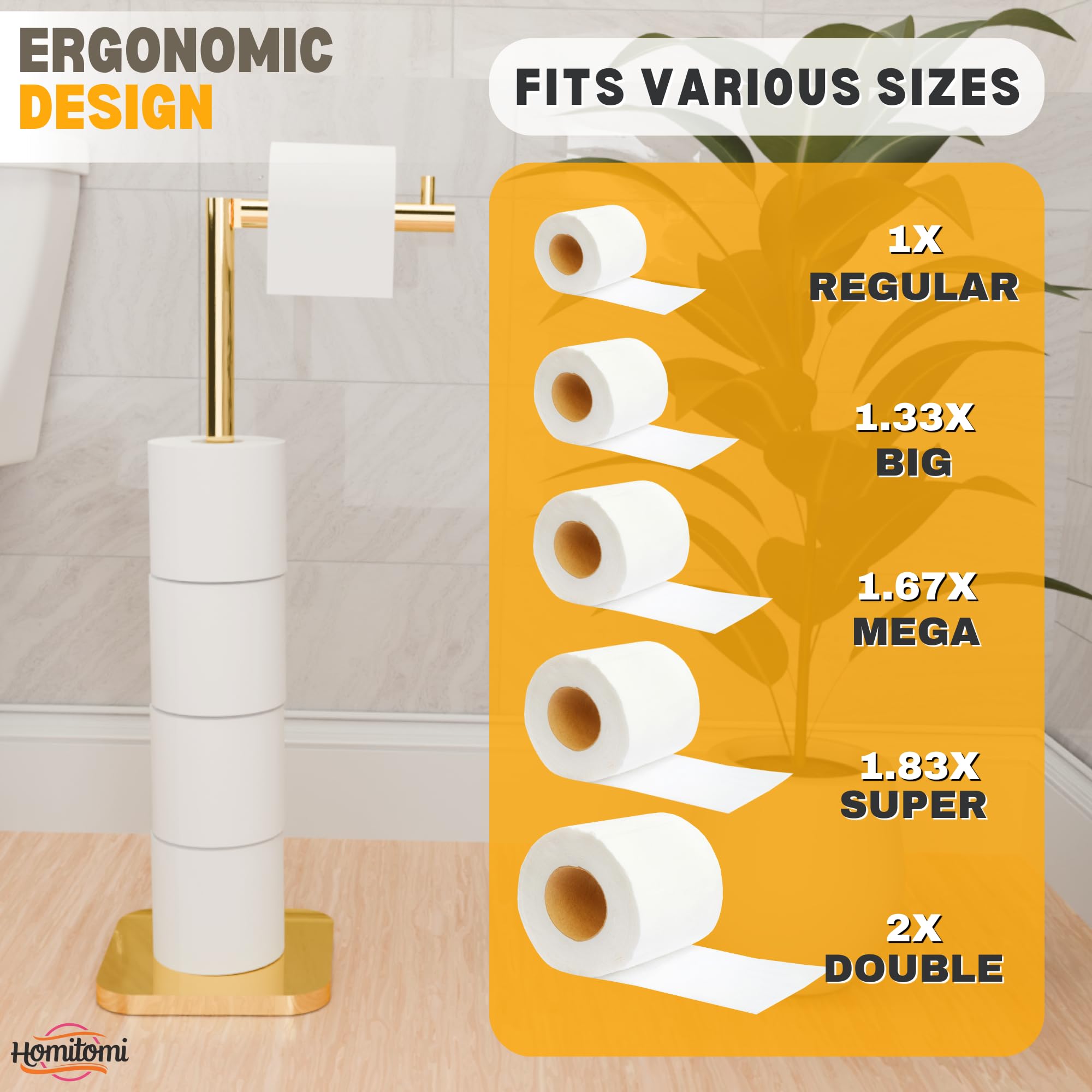 Toilet Roll Holder Free Standing, Toilet Roll Stand for 5 Rolls, Stainless Steel Loo Roll Holder with Heavy Stable Base - Image 3
