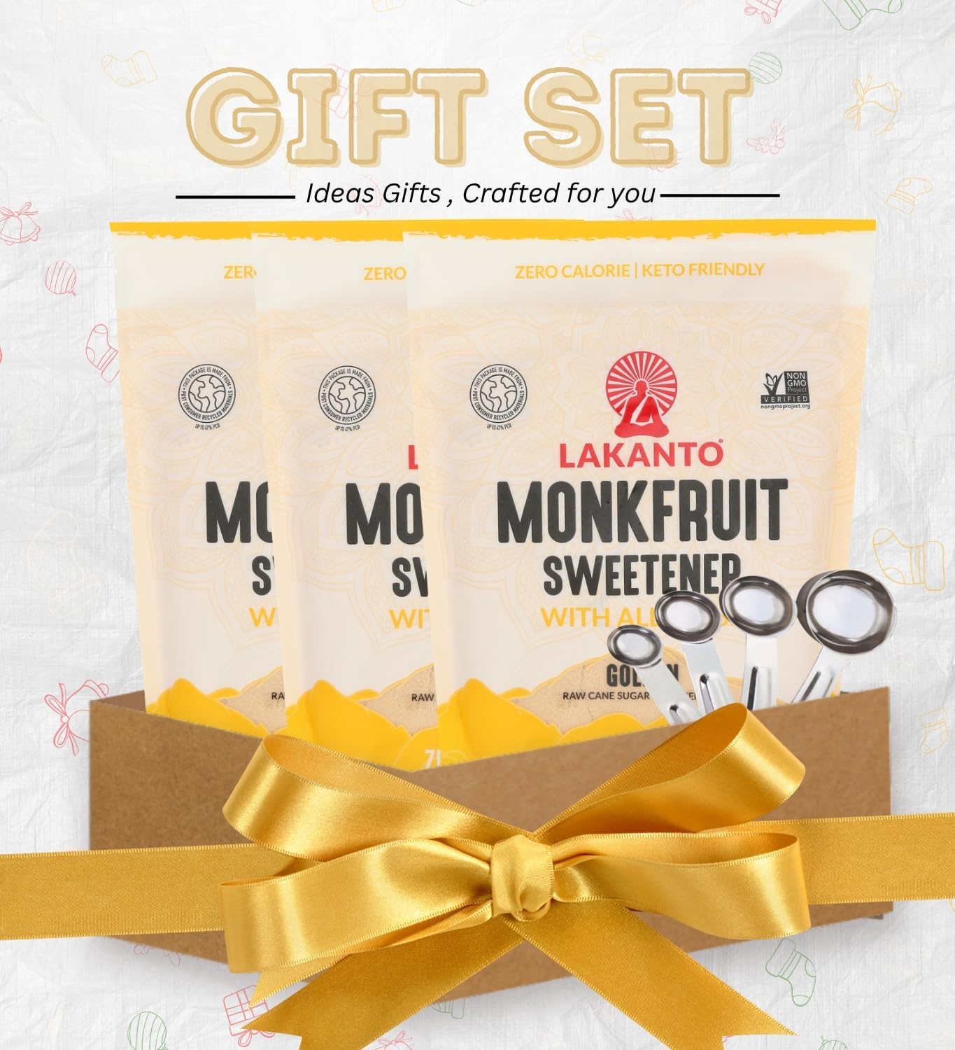 Monk Fruit – 3x Golden Monkfruit Sweetener – 16OZ Bundle with Stainless Steel Silver Measuring Spoon Set – Low-Calorie Sugar Alternative with Accurate Measuring Tools – Gift Set (4 Items)