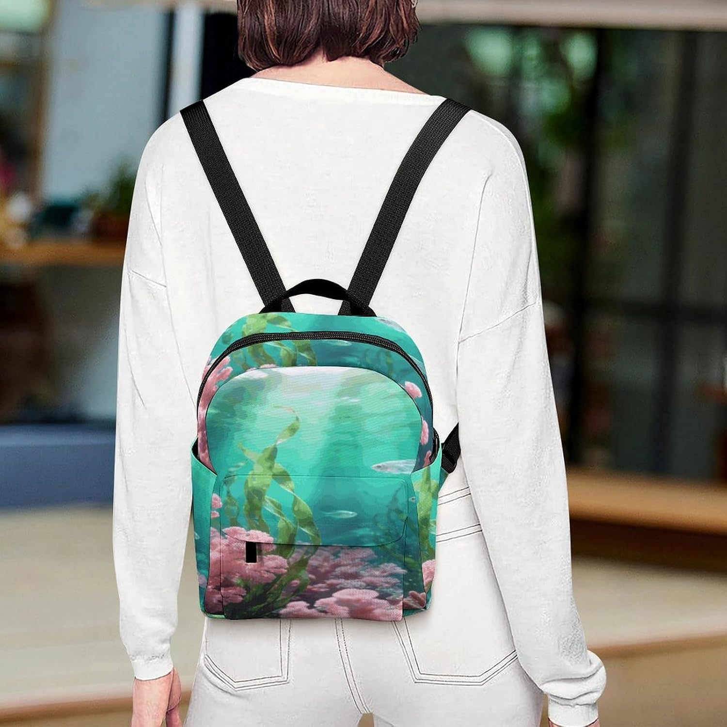Pink Teal Mini Backpack Purse for Women | Waterproof durable oxford cloth casual daypack, lightweight small rucksack for work travel outdoor camping daily use & gift