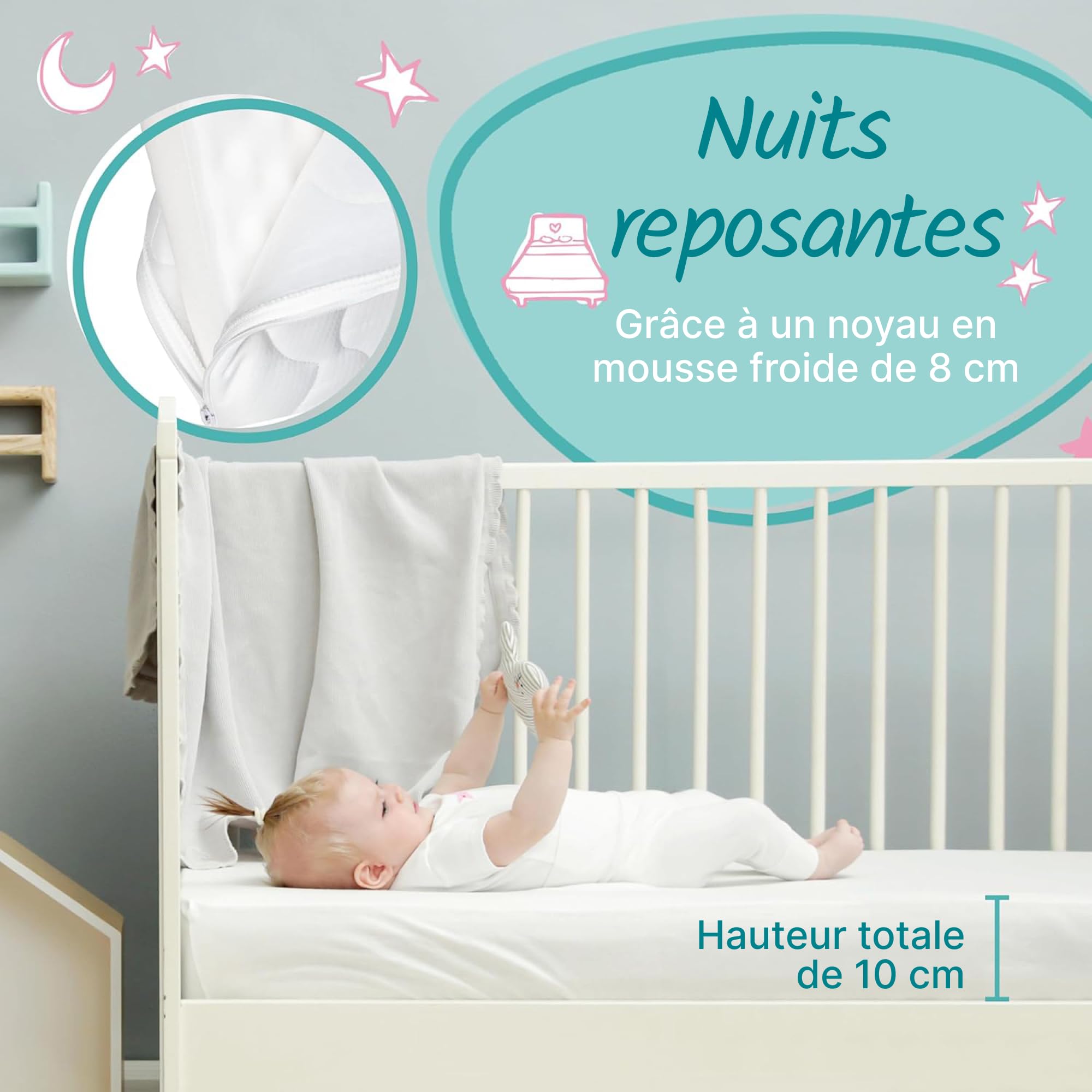 Sun Garden Matelas Bébé, Matelas Enfant 60x120 cm avec Bord Stable | Certifié Oeko-Tex 100 | Mousse, Lavable jusqu'à 60°C, Confort de Sommeil Élevé, Durable