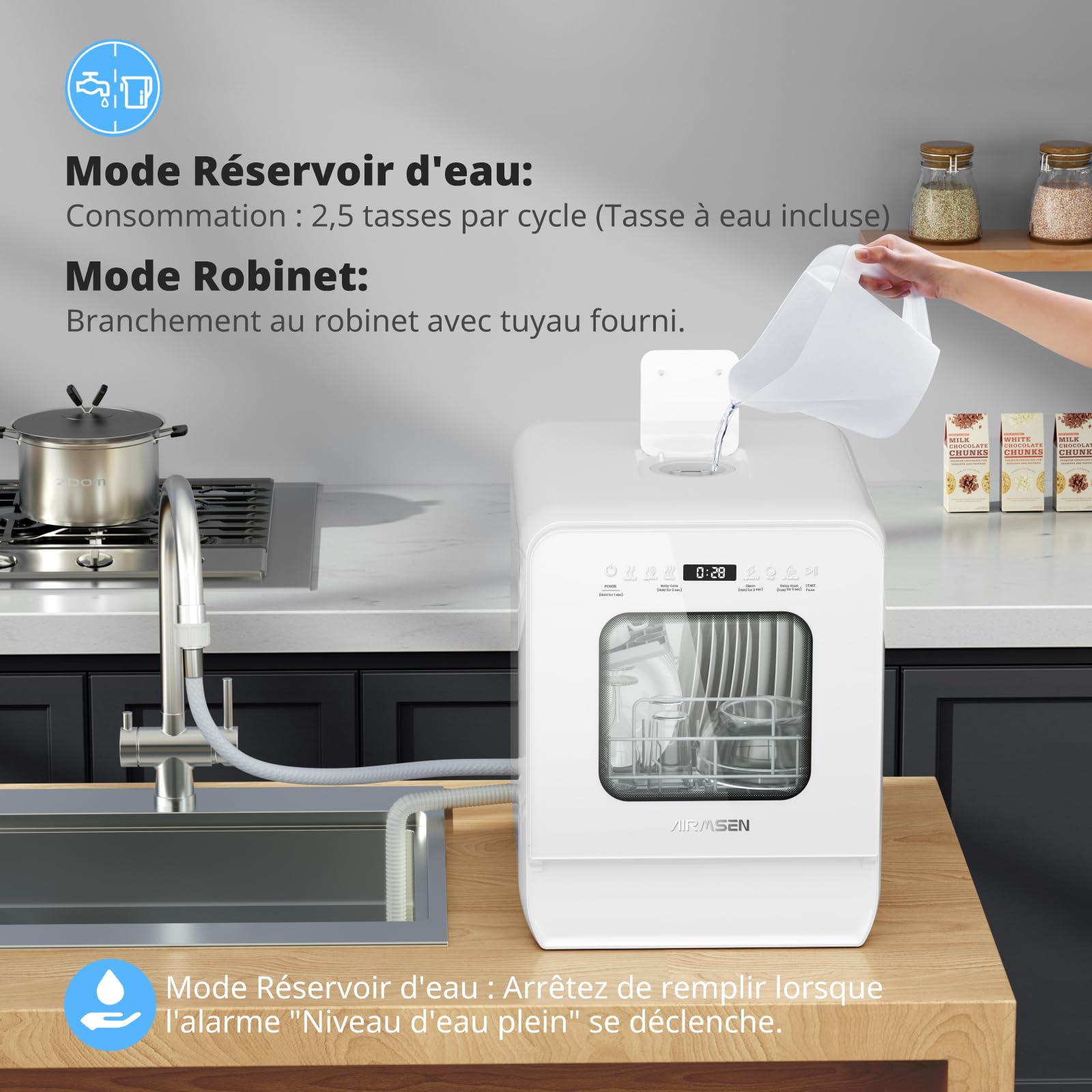 AIRMSEN Mini Lave-vaisselle de Table 37x50cm 4 Couverts 5L Double Jet 360° 7+2 Programmes Démarrage Différé 1-24H Blanc