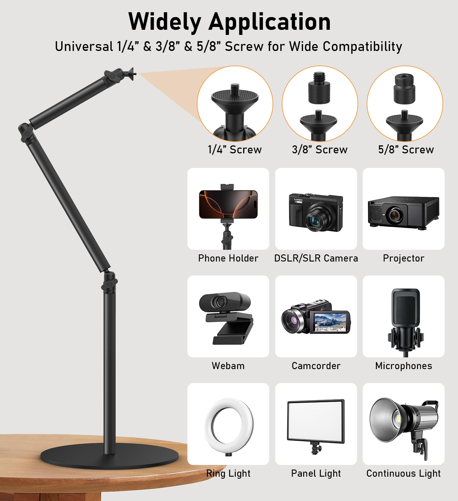 Supporto da scrivania con base rotonda per fotocamera, in alluminio, flessibile, monopiede, con vite da 1/4" 3/8" 5/8" per fotocamera DSLR, luce, webcam, live streaming, vlogging