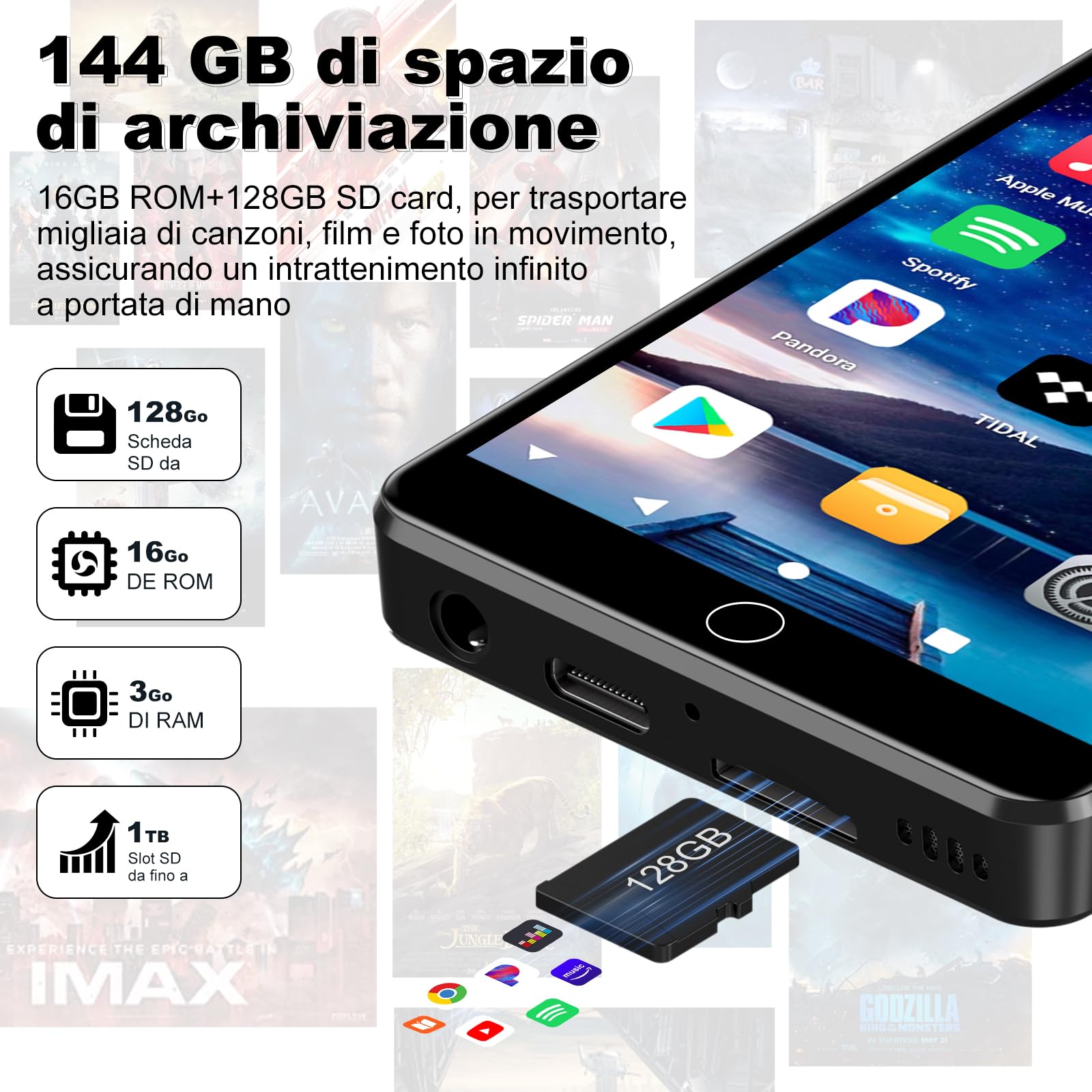 144GB Lettore MP3 Spotify con WiFi e Bluetooth, Lettore MP4 Android per Bambini, Music Player Touchscreen da 4,02 Pollici con Audible, Amazon Music e Play Store
