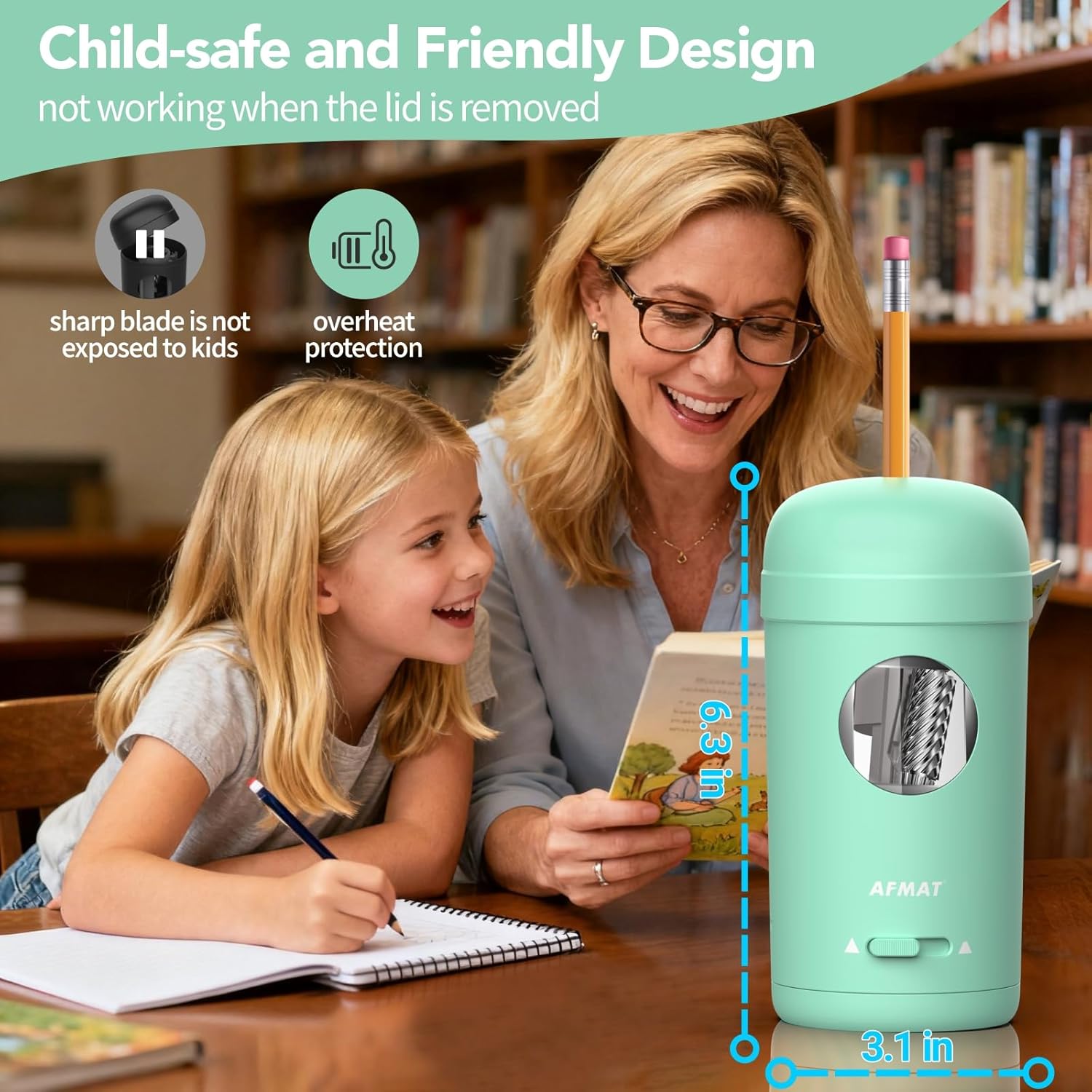 AFMAT Electric Pencil Sharpener, Fully Automatic Pencil Sharpener for 7-8mm Pencils & Colored Pencils, Auto in & Out, Rechargeable Vertical Hands-Free Sharpeners for Classroom/Home/Office PSX7(Green)