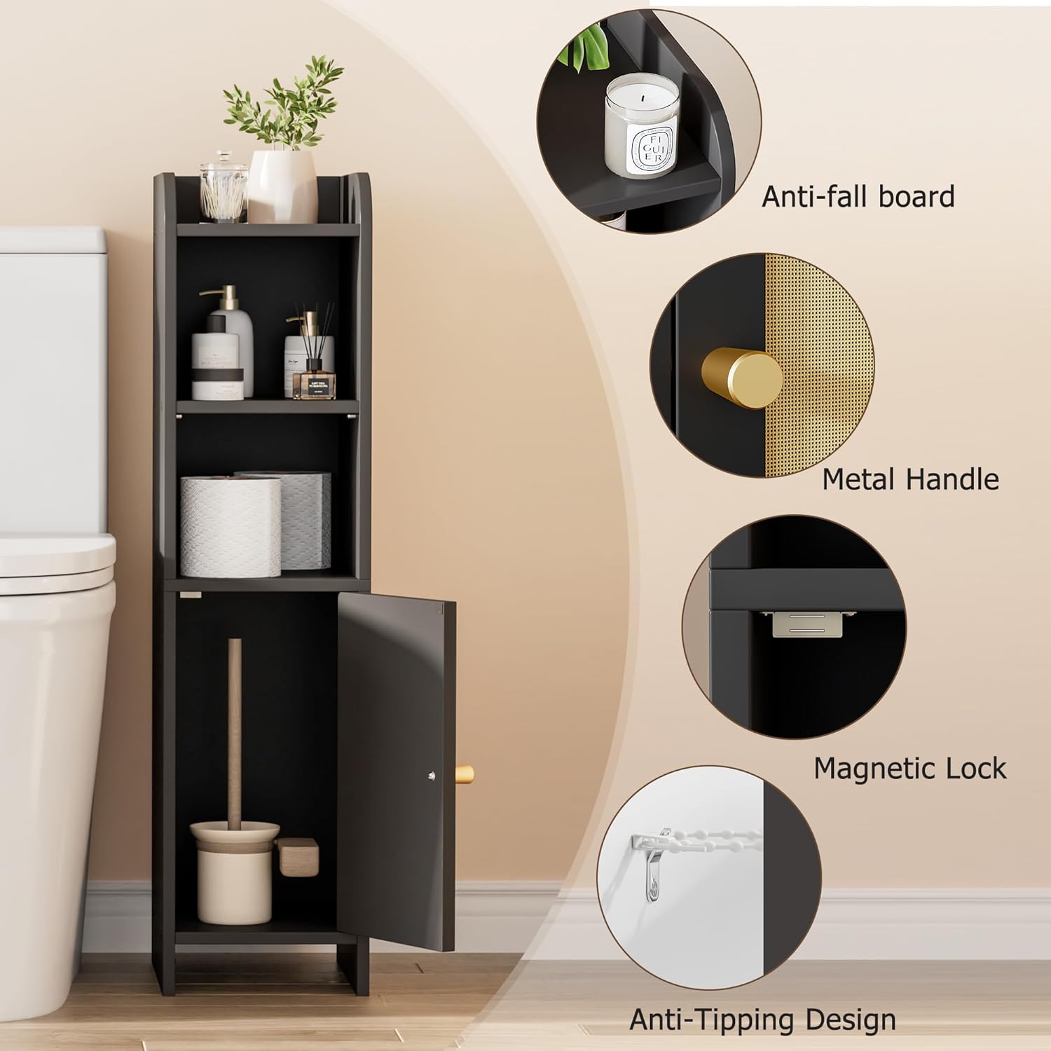 Homhedy Rattan Small Bathroom Cabinet with Door, Narrow Toilet Paper Storage Cabinet, Skinny Corner Floor Cabinet with Adjustable Shelves, for Bathroom, Small Spaces, 9.8" D x 7.9" W x 31" H, Black