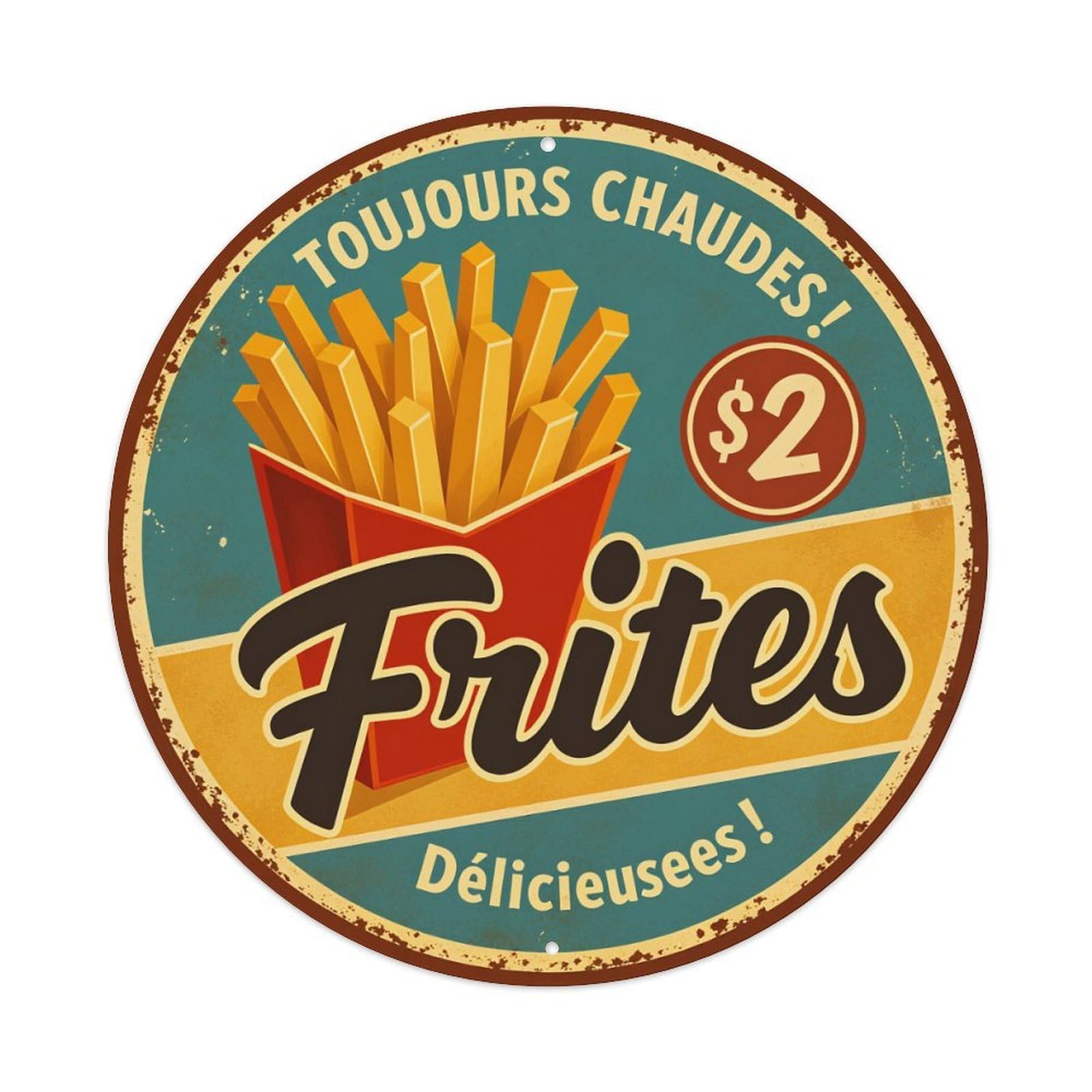 Fries In Red Box Always Hot Two Dollars Delicious Fries Metal Tin Sign Vintage Garden Bedroom Cafe Bar Man Cave Home Wall Decor Metal Poster 8x8 inches